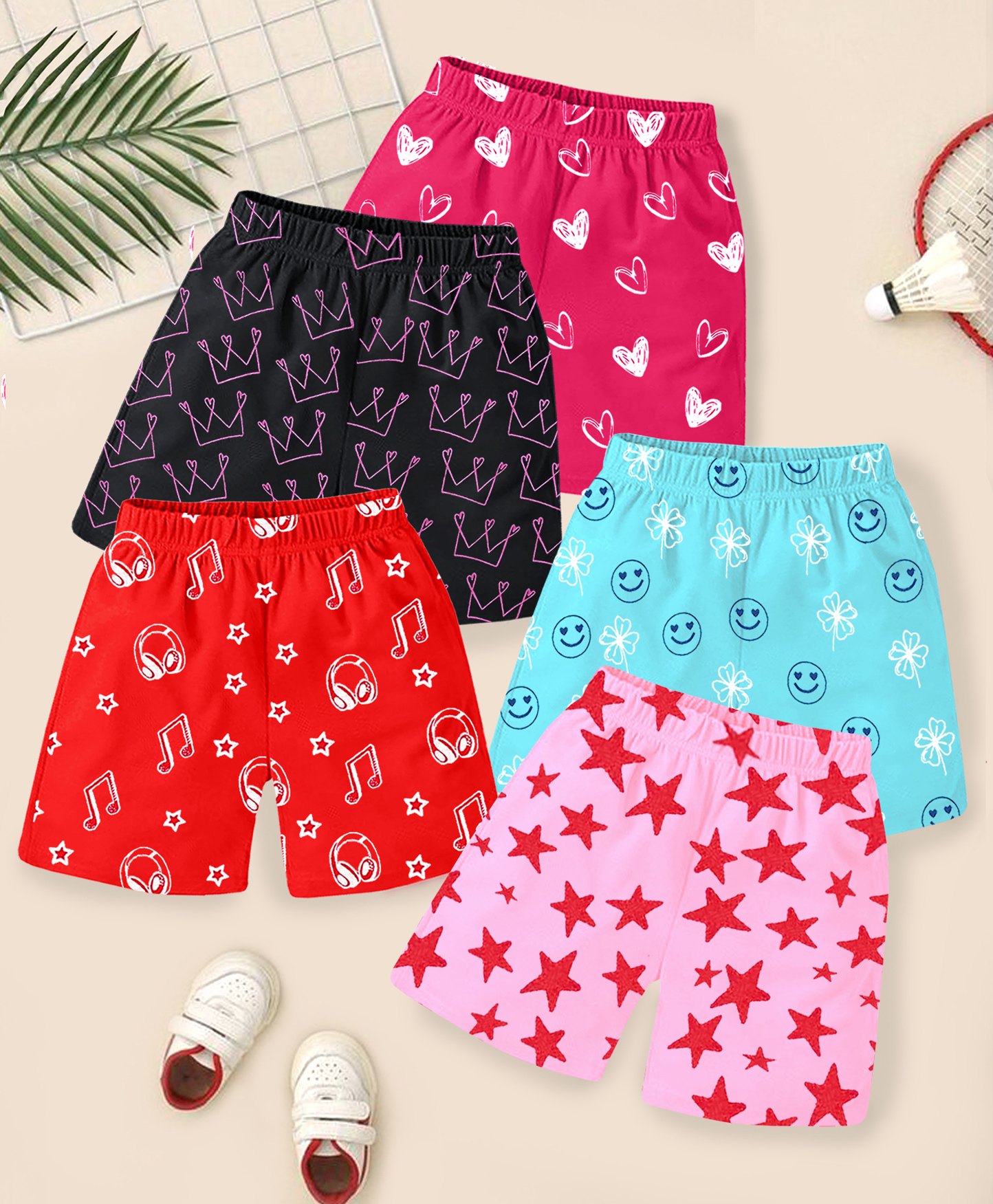 KUCHIPOO Cotton Blend Pack Of 5 Crown & Stars Printed Shorts - Magenta Black Pink Red & Blue-picture-33