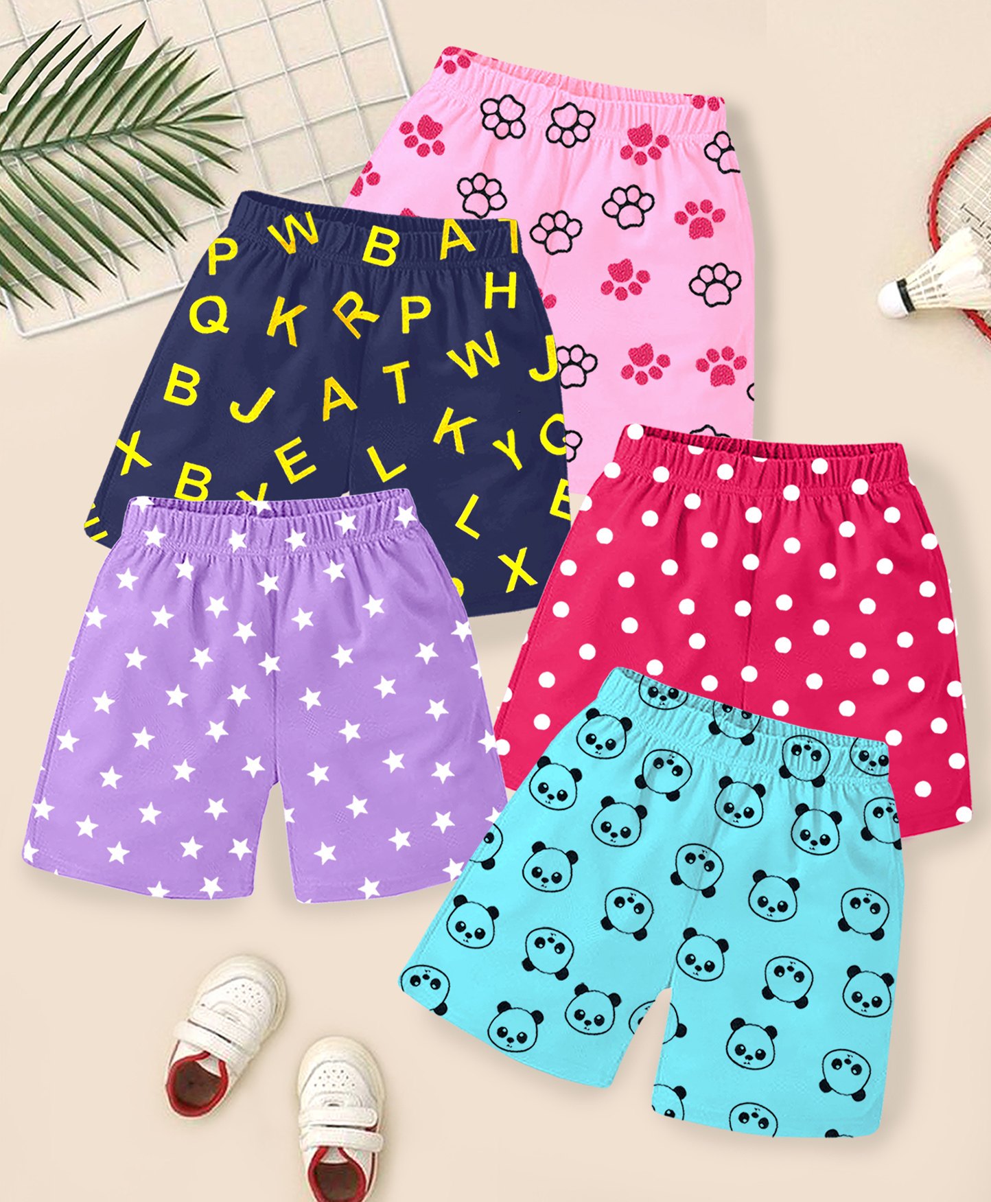 KUCHIPOO Cotton Blend Pack Of 5 Panda & Alphabets Printed Shorts - Pink Lilac Magenta Blue & Black-picture-26