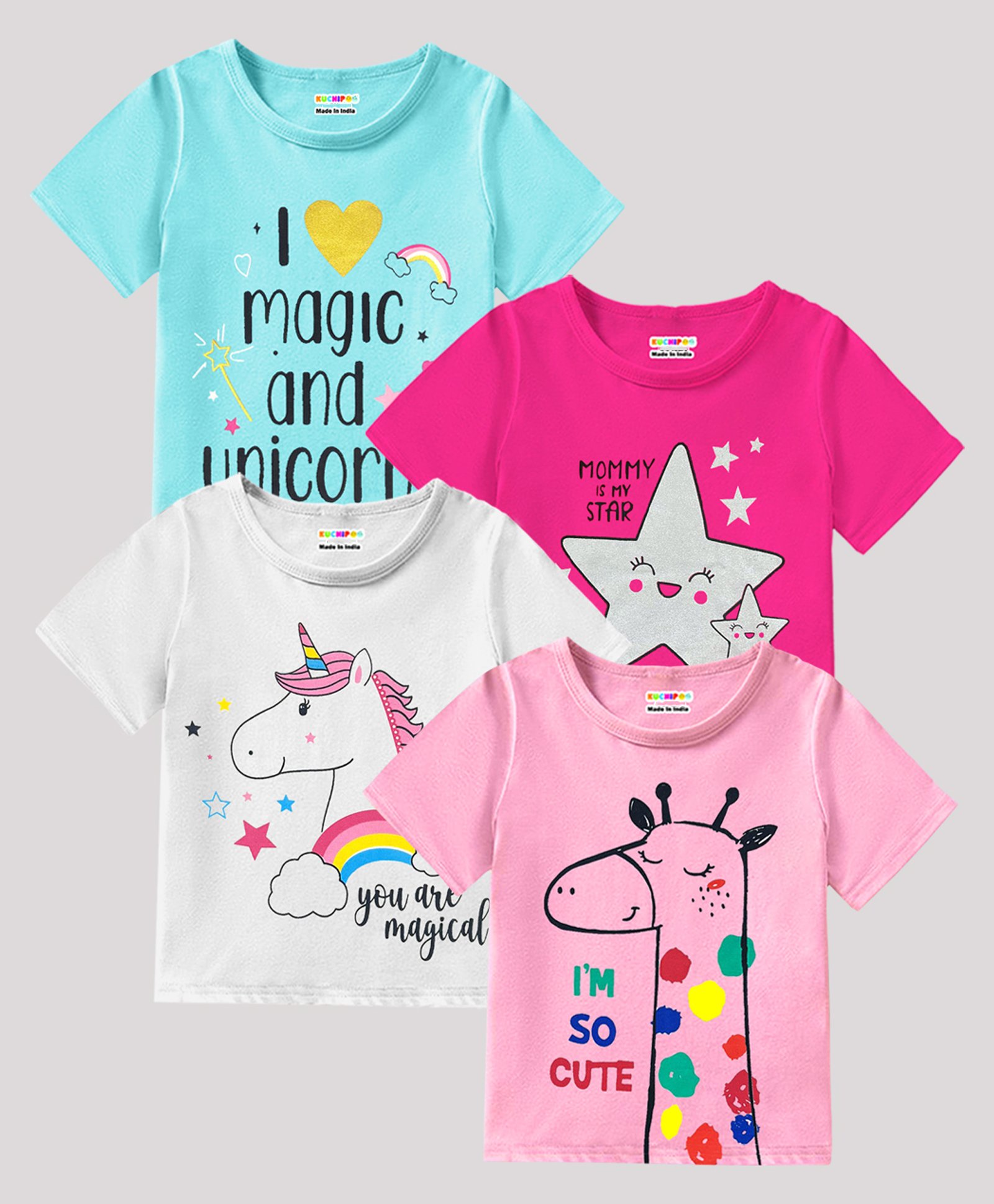 KUCHIPOO Cotton Blend Pack Of 4 Half Sleeves Baby Giraffe & Unicorn Printed Tees - Pink White Magenta & Blue-image-18