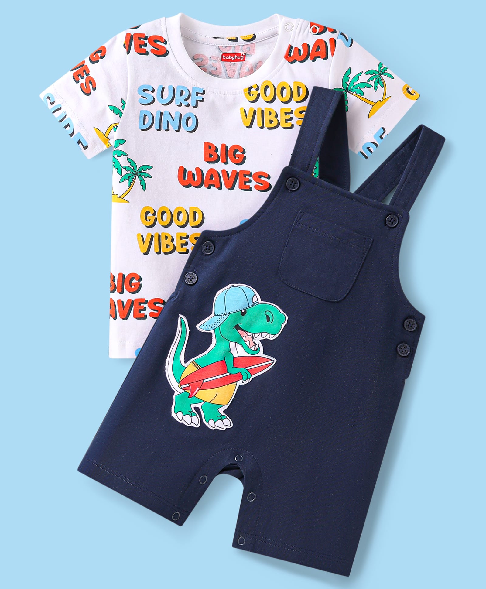 Babyhug Single Jersey Knit Dungaree & Half Sleeves T-Shirt With Beach Theme & Dino Print - Navy Blue-picture-15