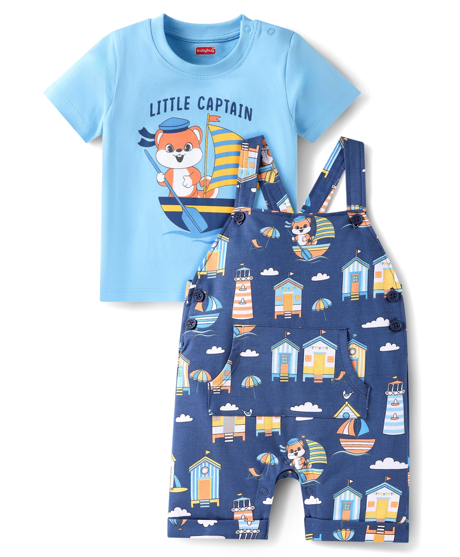 Babyhug Single Jersey Knit Dungaree & Half Sleeves T-Shirt With Beach Theme Print - Blue-picture-23