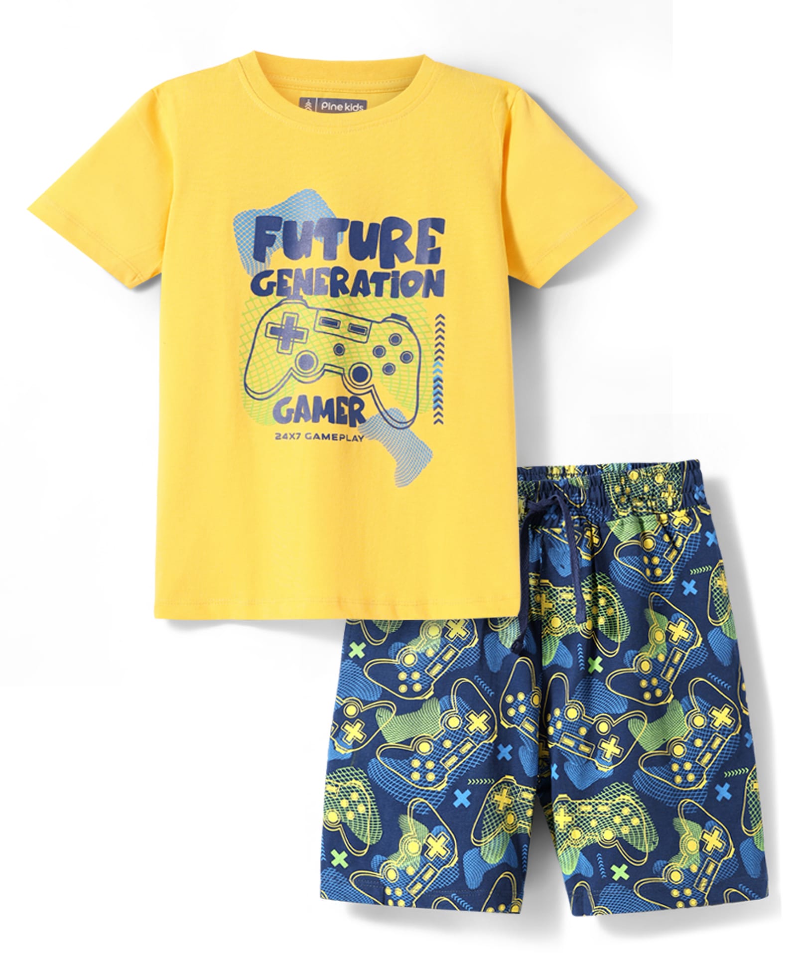 Pine Kids Single Jersey Knit Half Sleeves Shorts Nightsuit With Future Gamer Text Print - Yellow & Navy Blue-image-28