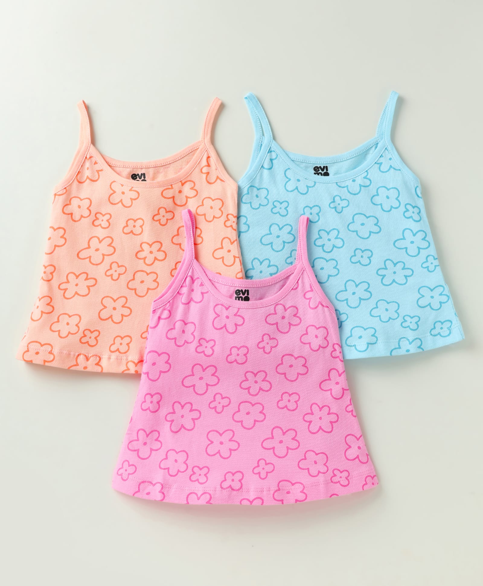 Evimo Single Jersey Knit Singlet Floral Printed Slips Pack Of 3 - Pink Peach & Blue-picture-0