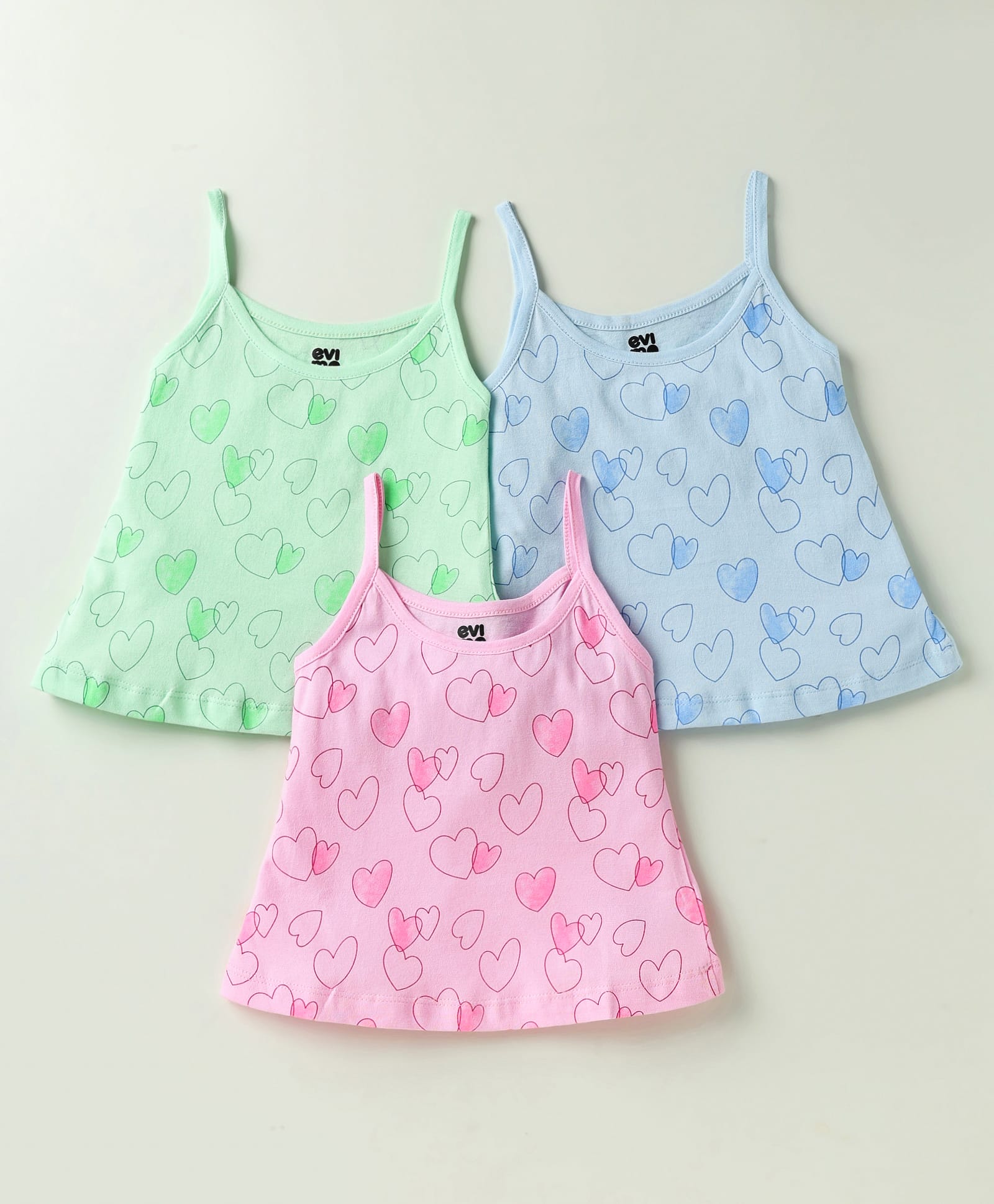Evimo Single Jersey Knit Singlet Heart Printed Slips Pack Of 3 - Pink Light Green & Blue-picture-44
