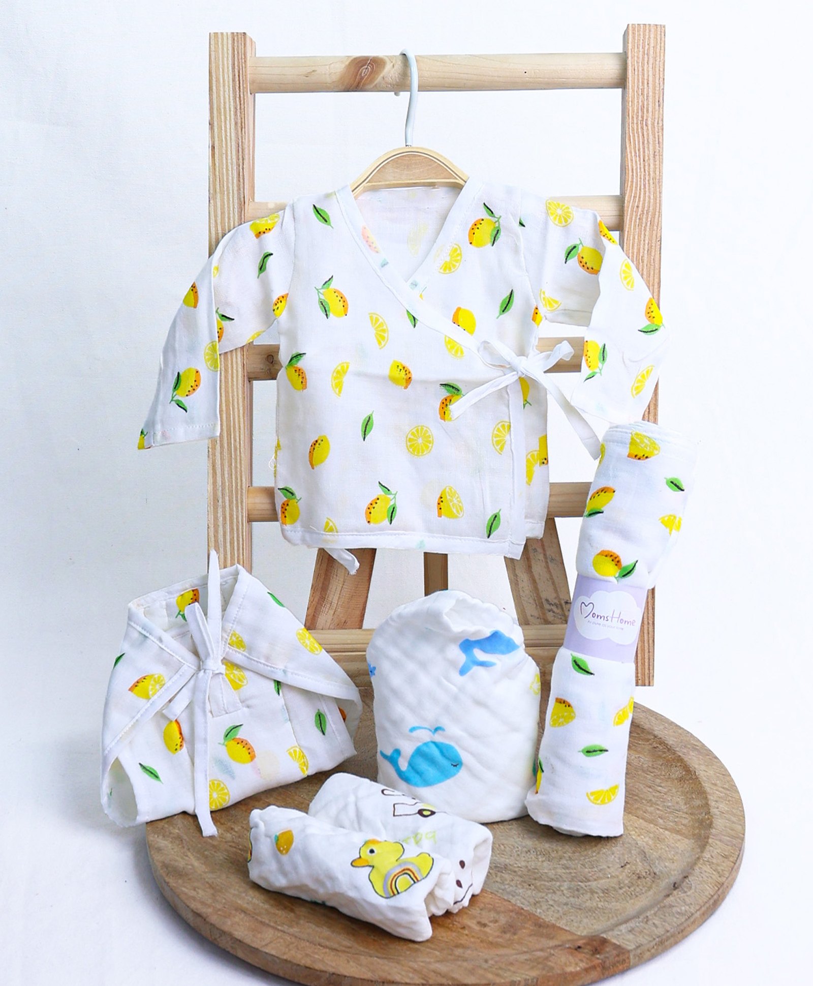 Mom's Home Organic Cotton Muslin Full Sleeves Lemons Printed Coordinating Jhabla & Nappy With Burp Cloth Swaddle & Towels Set - White & Yellow-image-15