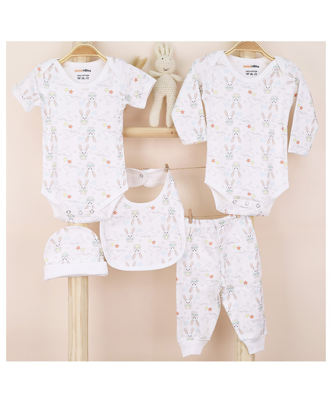 Mom's Home Organic Cotton Pack Of 2 Full Sleeves Bunnies Printed Coordinating Onesies & Leggings With Cap & Bib Set - White-picture-22