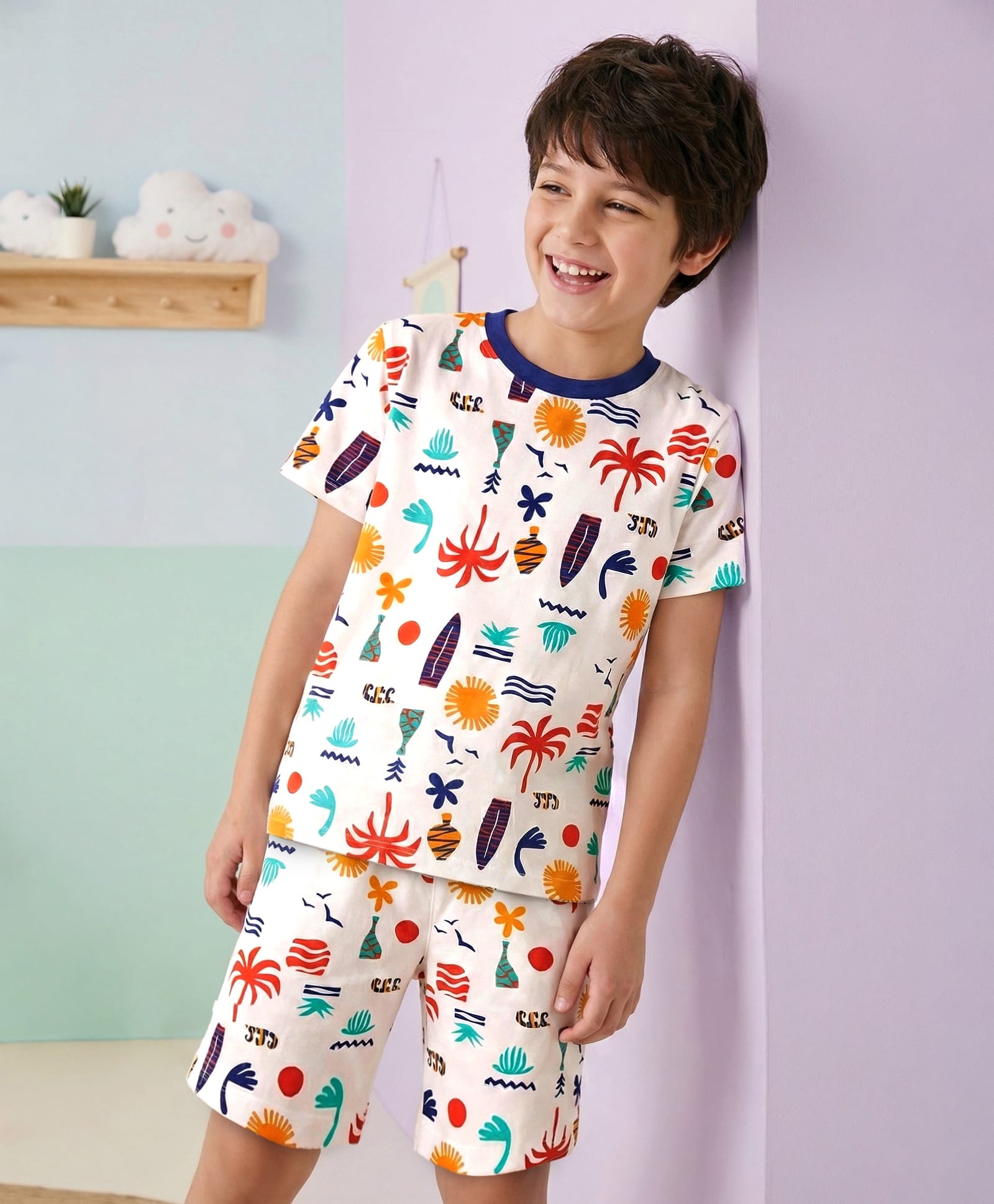 Pine Kids Single Jersey Knit Half Sleeves Co-ords Shorts Night Suit with Beach Theme Print - White-picture-43