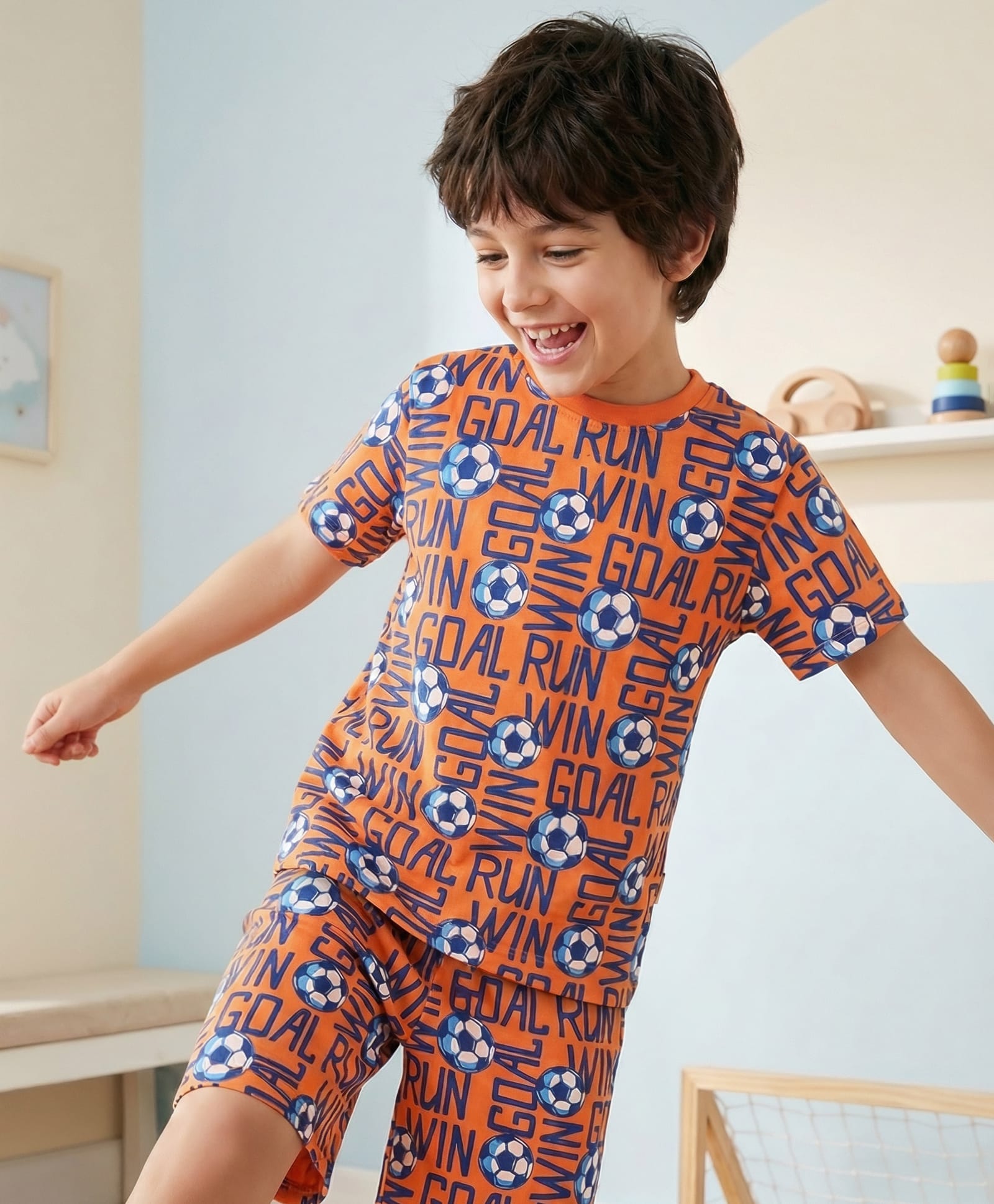 Pine Kids Single Jersey Knit Half Sleeves Co-ords Shorts Night Suit with Sports Theme Print - Orange-image-36