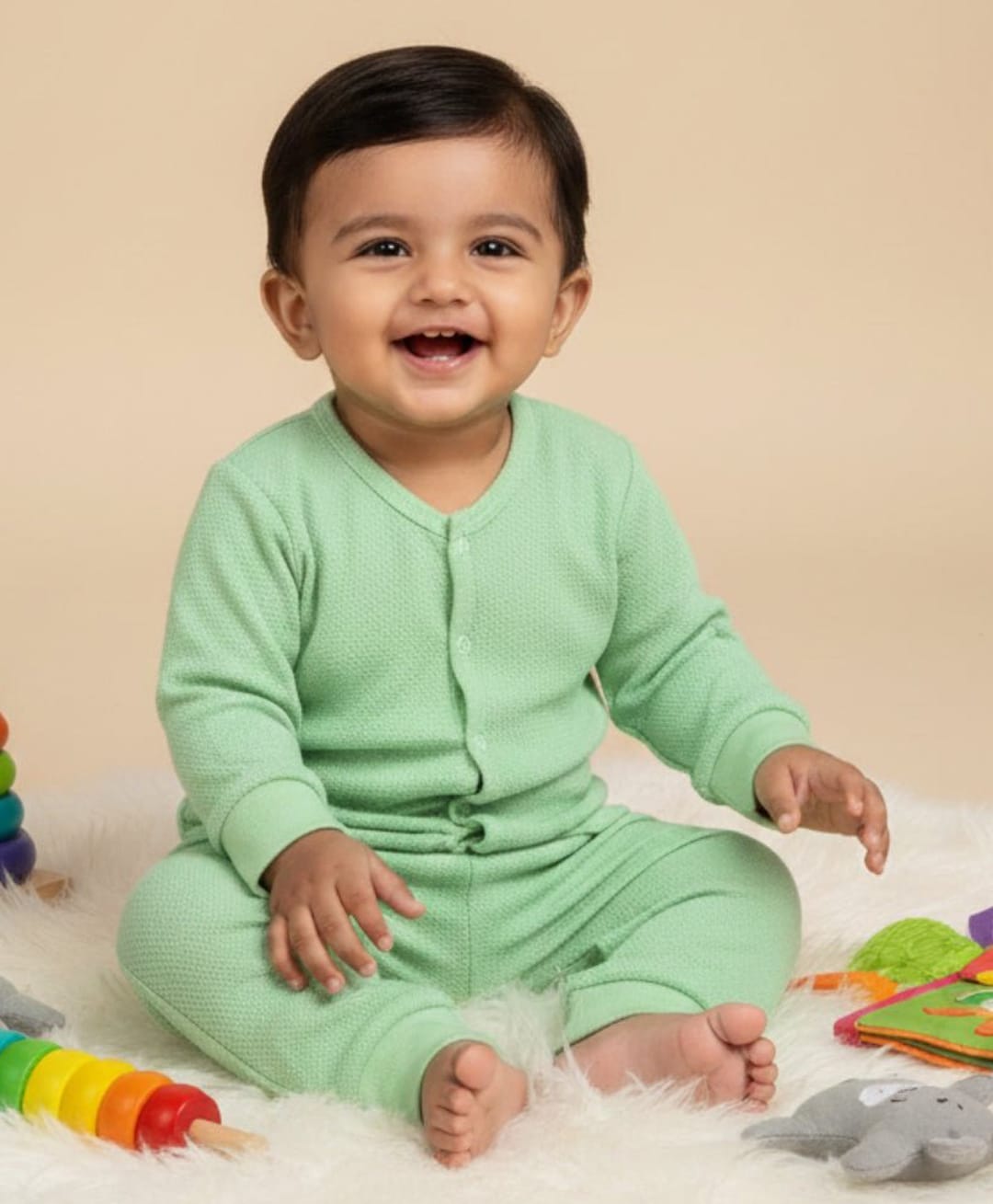 The Mom Store Cotton Knit Full Sleeves Solid Jhabla & Pajama Set - Green-picture-27