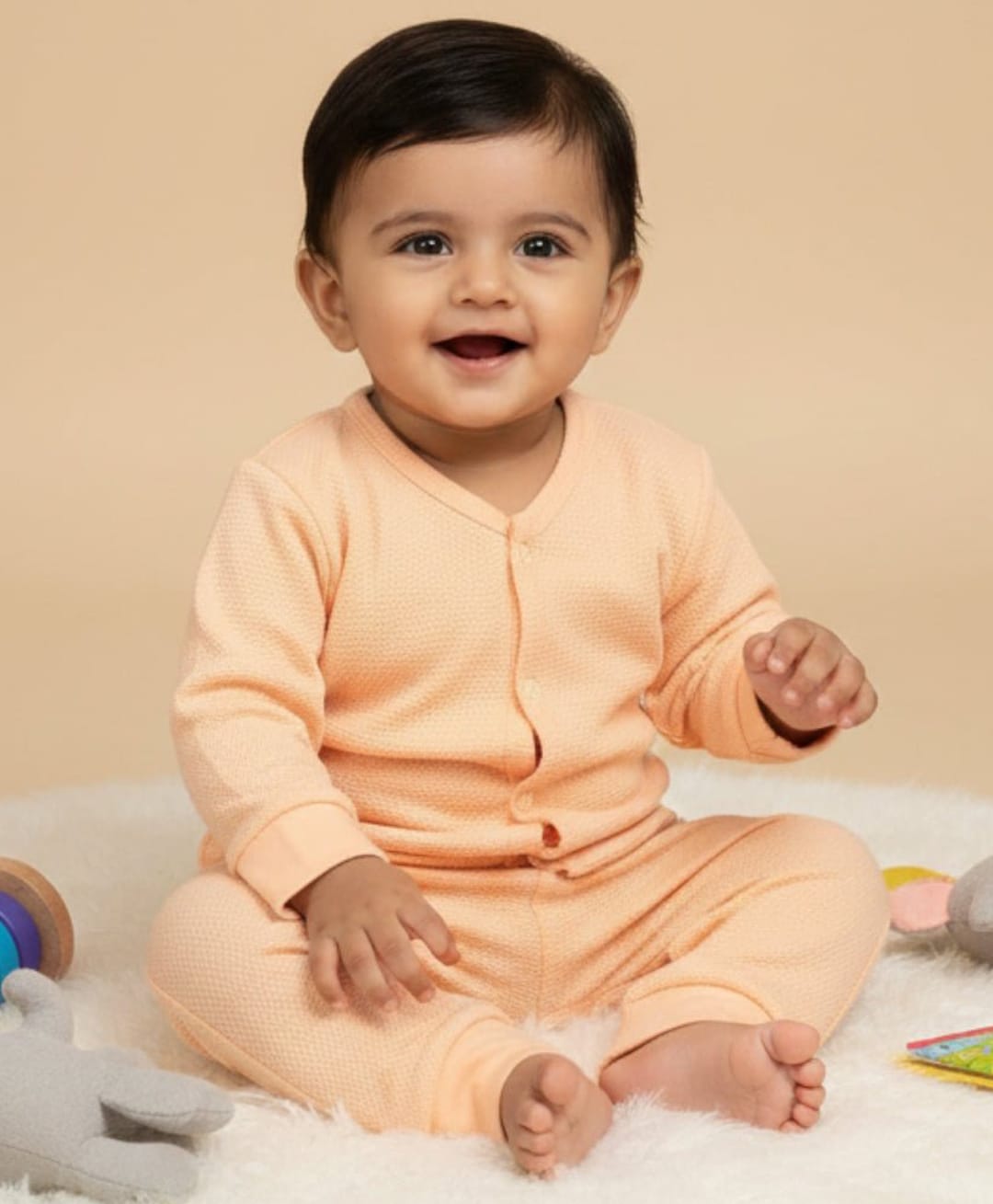 The Mom Store Cotton Knit Full Sleeves Solid Jhabla & Pajama Set - Orange-picture-26