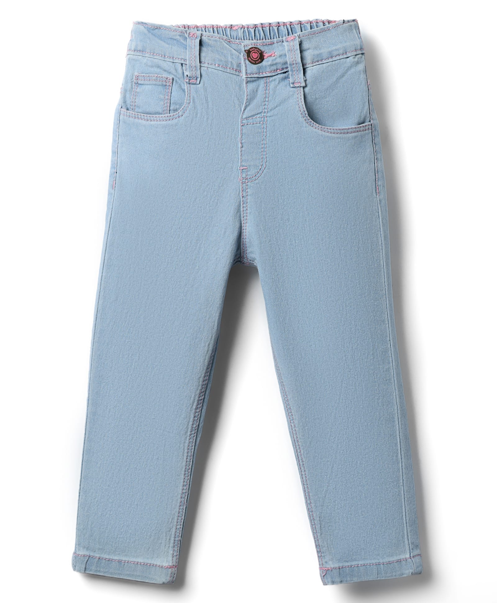 Babyhug Cotton Denim Full Length Washed Jeans With Stretch - Light Blue