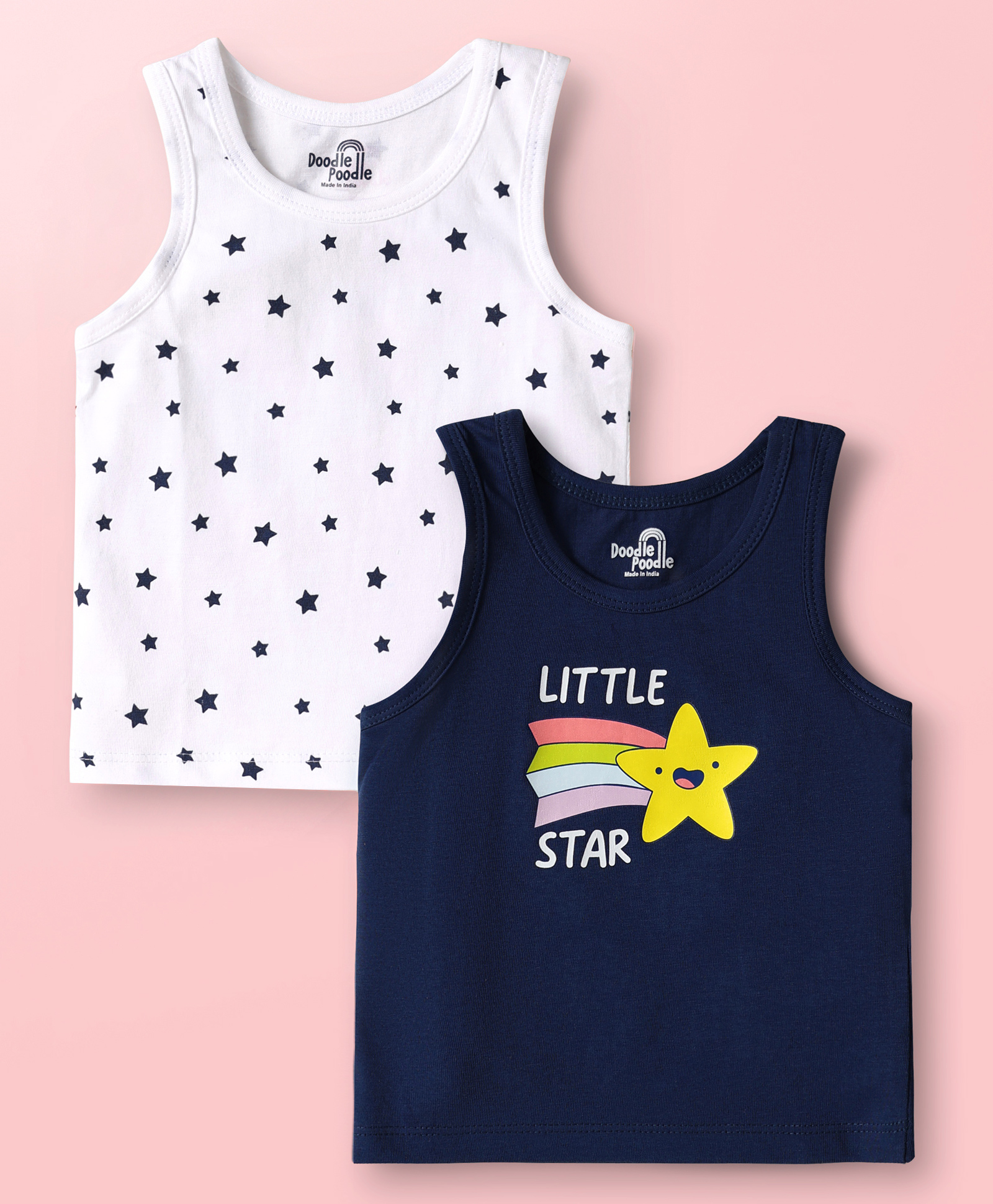 Doodle Poodle 100% Cotton Single Jersey Knit Sleeveless Vests With Star Theme Pack of 2 - White & Navy Blue-image-42