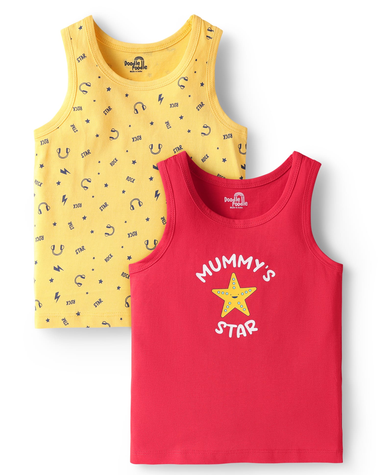 Doodle Poodle 100% Cotton Single Jersey Knit Sleeveless Vests With Text Print Pack Of 2 - Snapdragon Yellow & High Risk Redmelange-picture-32