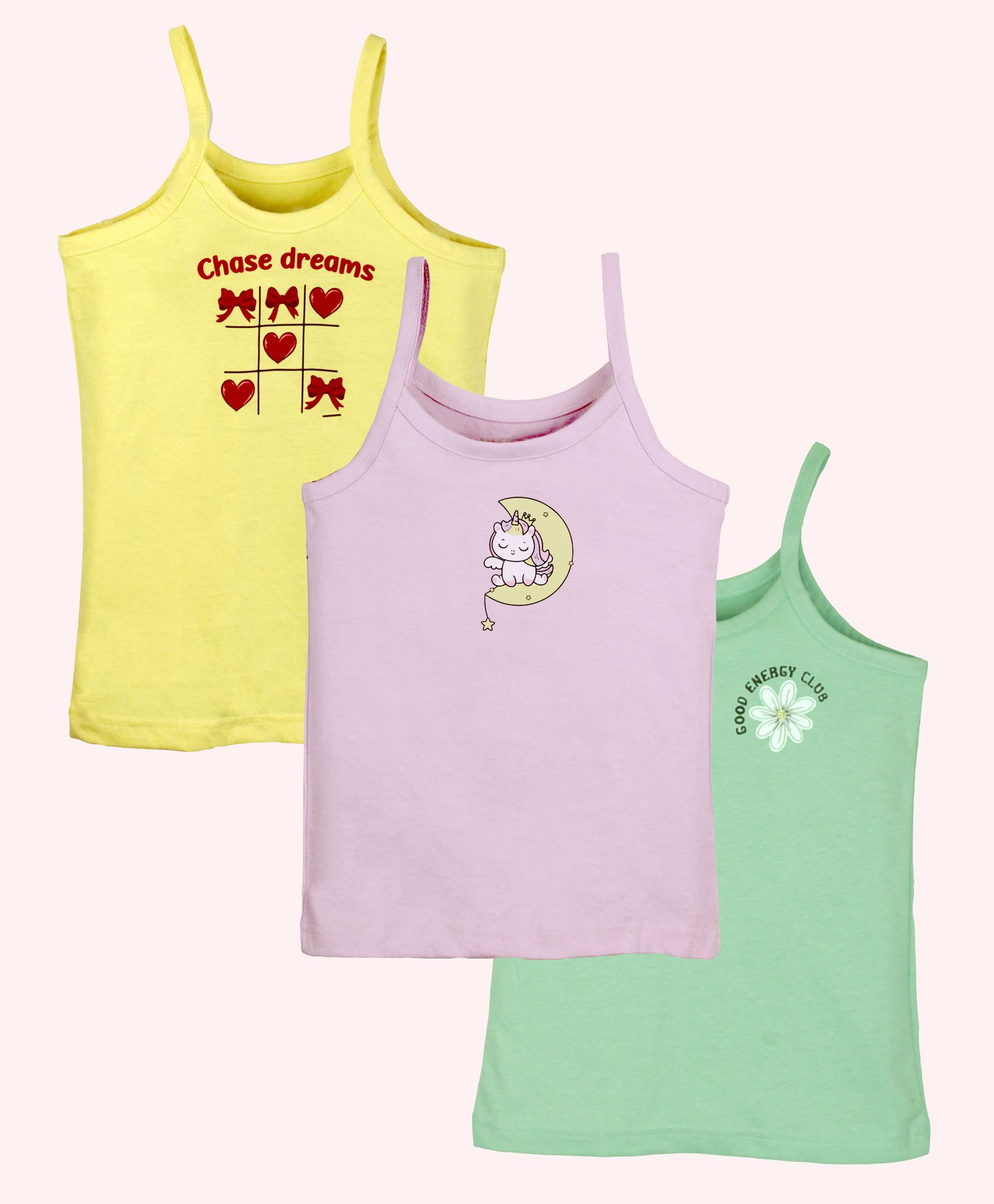 Kiddopanti Cotton Pack Of 3 Sleeveless Floral & Unicorn Printed Camisoles - Green Lilac & Yellow-image-48