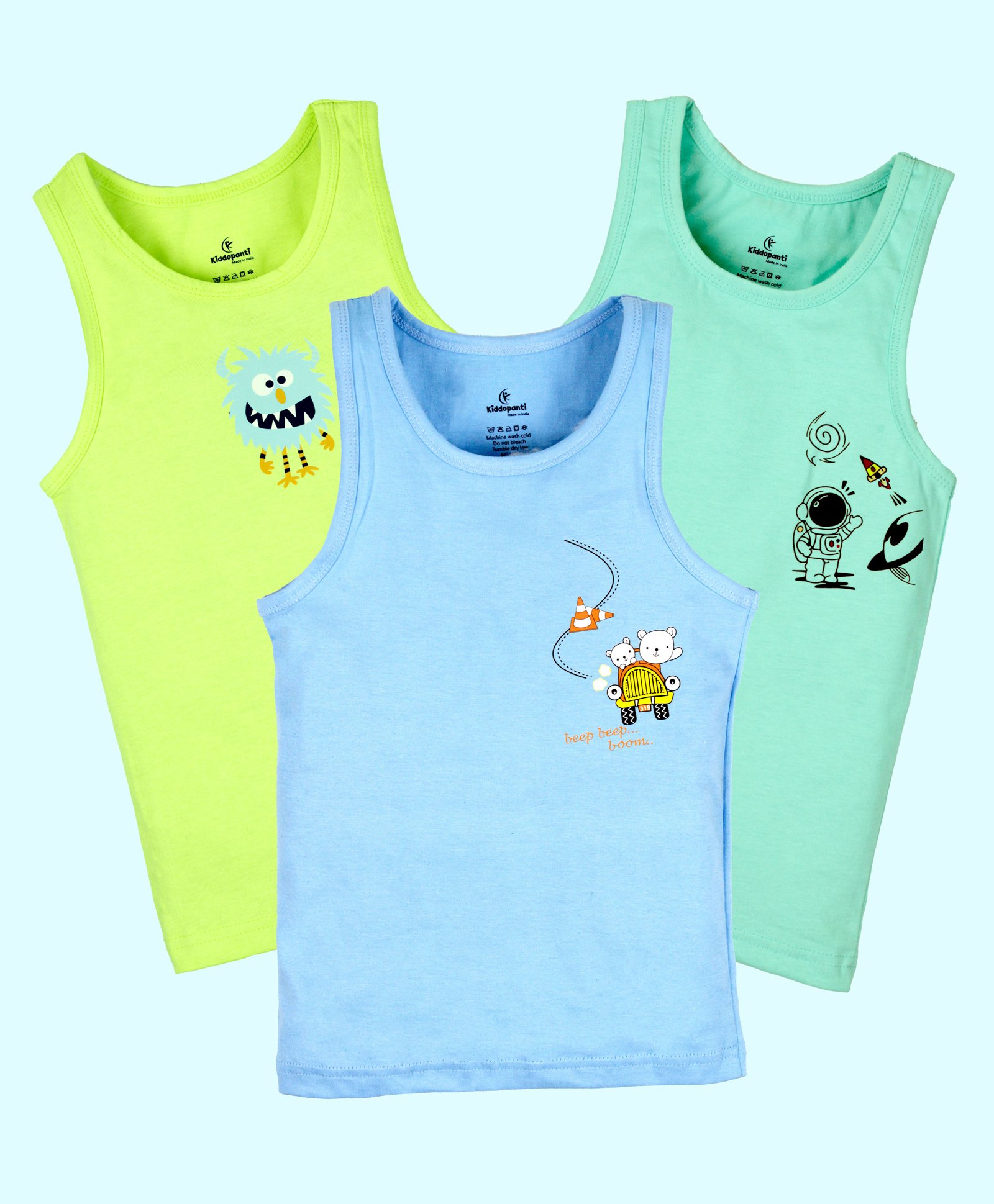 Kiddopanti Cotton Pack Of 3 Sleeveless Space Theme & Baby Monster Printed Vests -Aqua Blue Neon Green & Blue-image-22