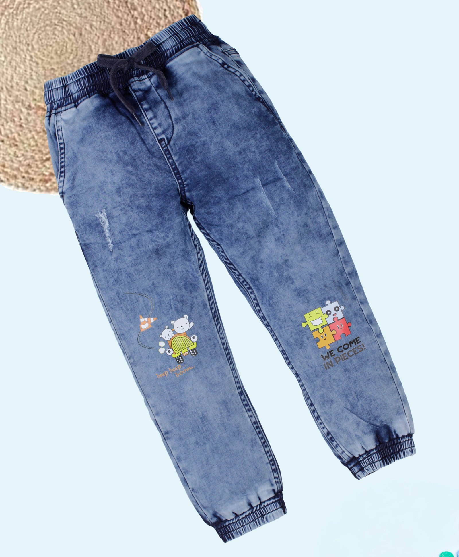Kiddopanti Denim Teddy Bear Printed & Distressed Jogger Style Jeans - Blue-picture-10