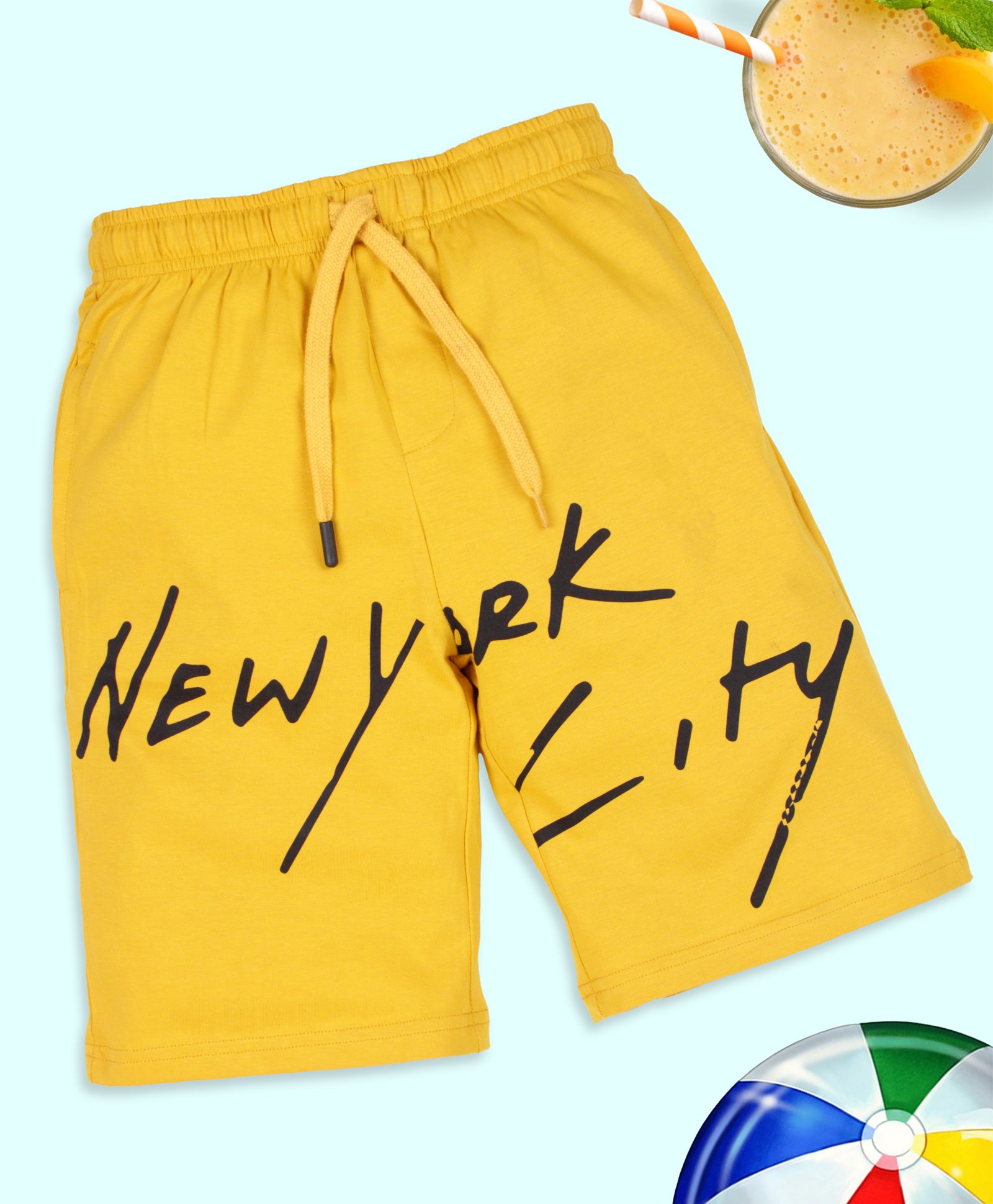 Kiddopanti Cotton New York City Text Printed Shorts - Mustard-image-15