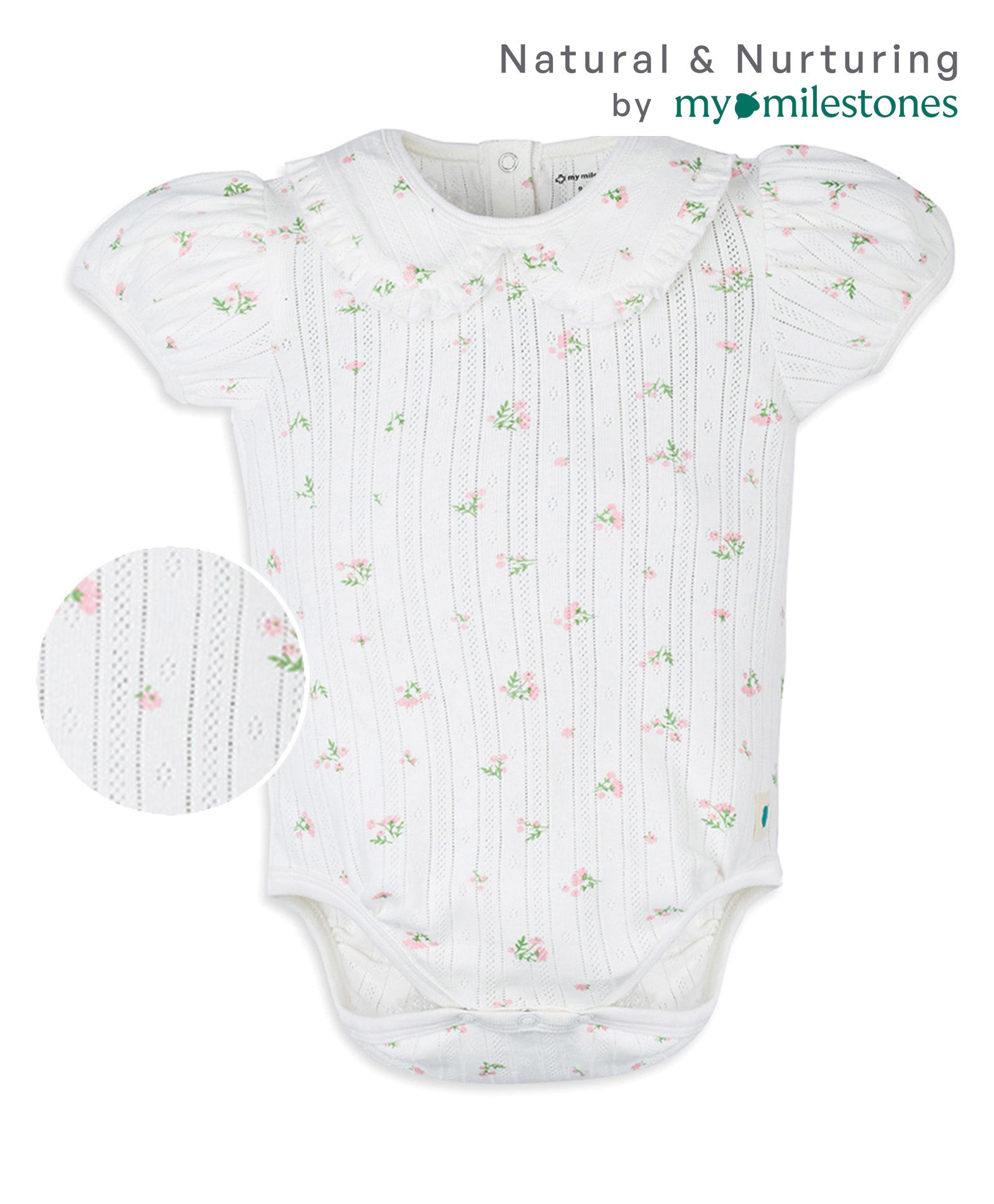 My Milestones Cotton Half Puffed Sleeves Floral Printed Bio Washed Onesie - Off White-picture-32