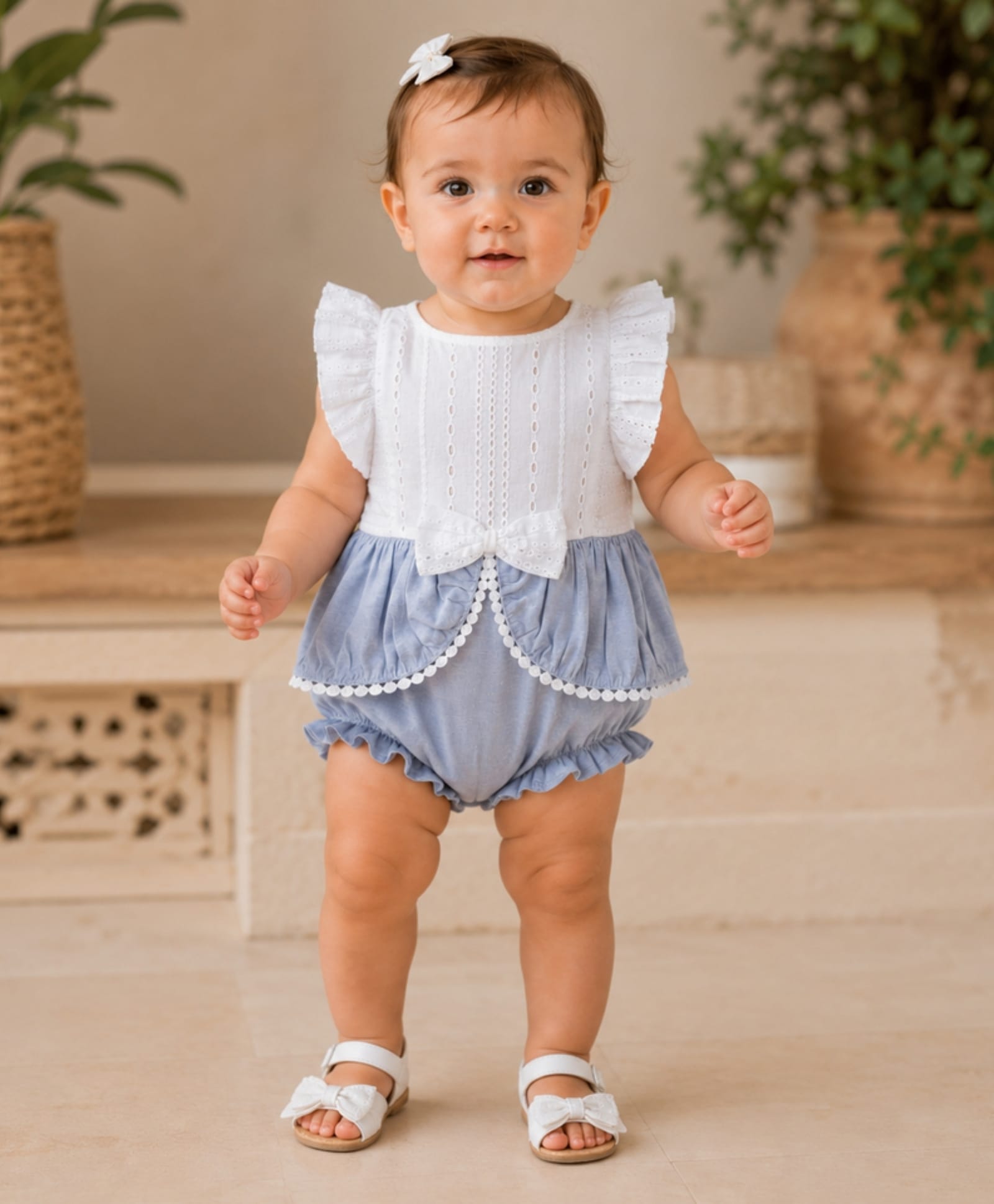 My Milestones Pure Cotton Frill Detailed & Schfilli Embroidered Onesie - White & Blue-picture-27