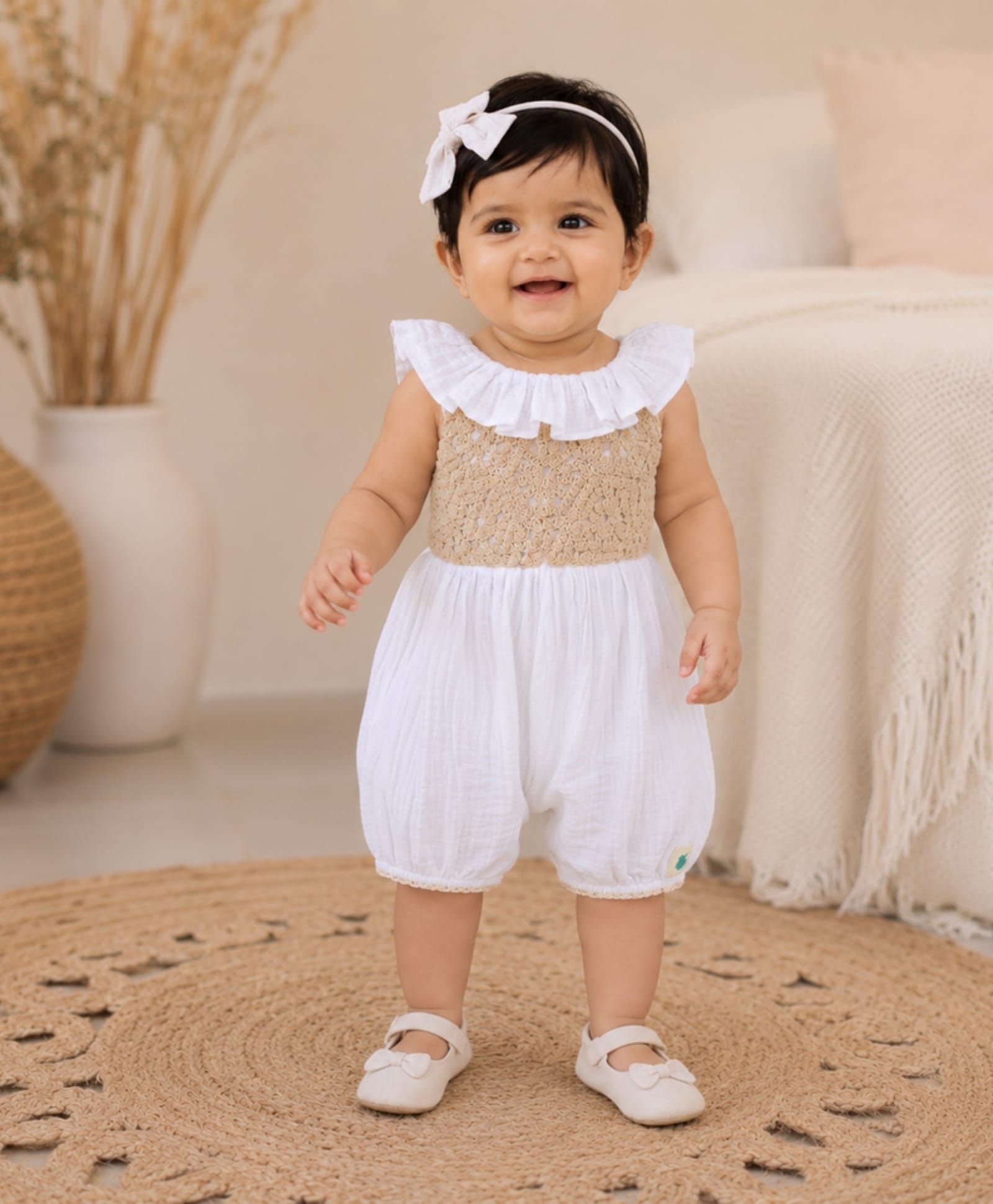 My Milestones 100% Cotton Woven Sleeveless Floral Crochet & Ruffle Detailed Romper - White-image-34