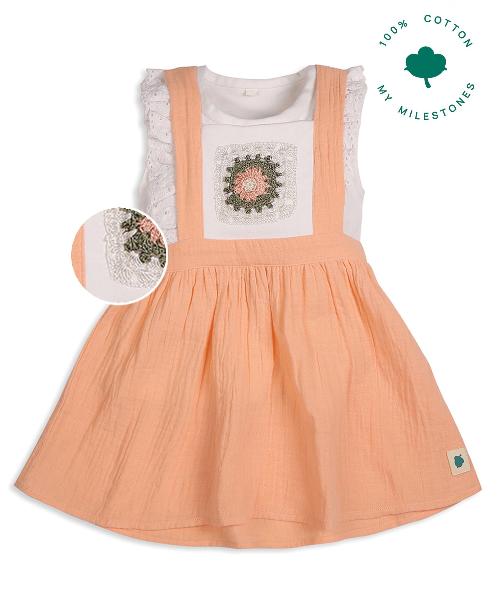 My Milestones Solid Dungaree Dress With Handcrafted Sleeveless Floral Crochet Embroidered Tee - Peach-picture-18