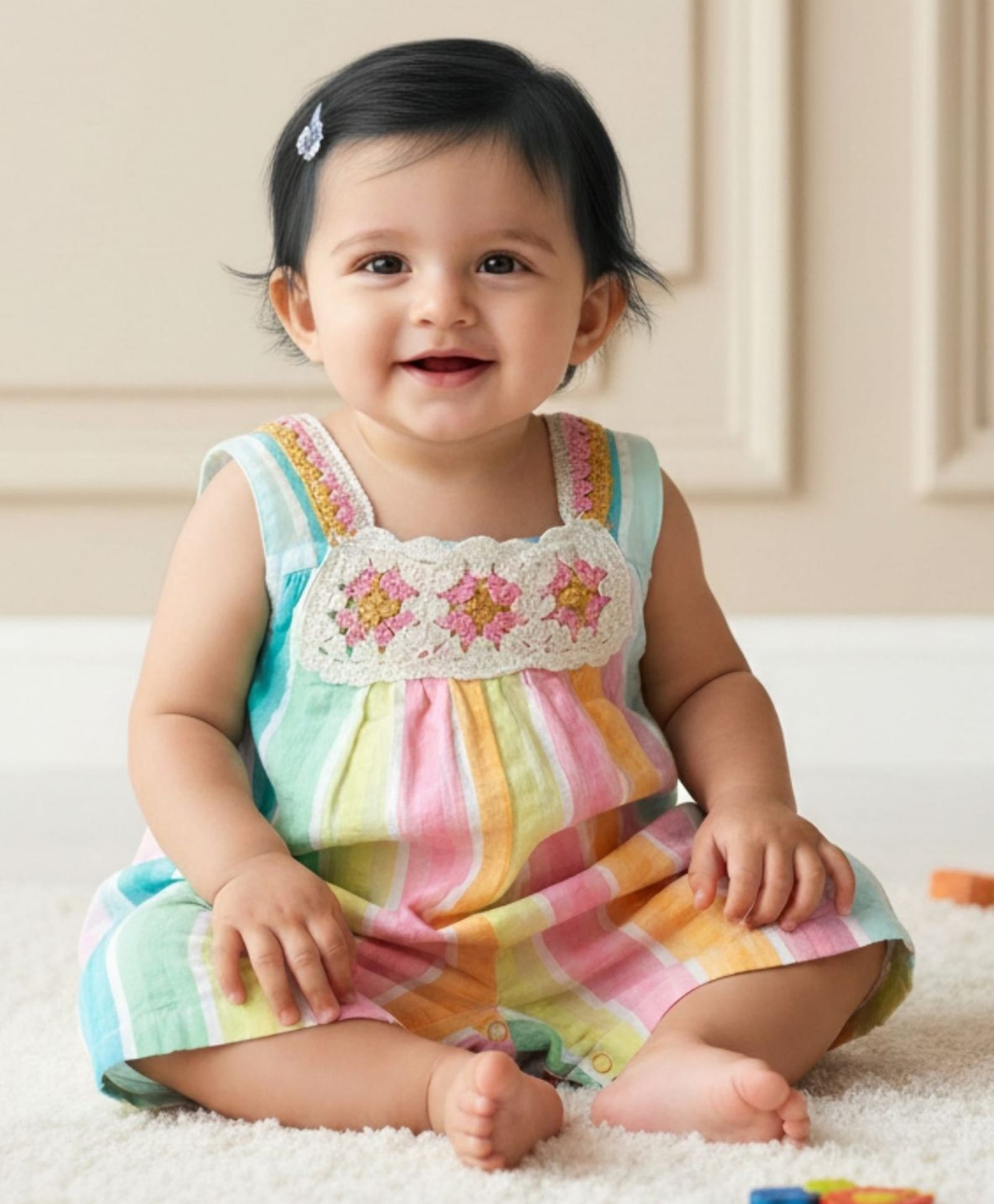 My Milestones Seer Sucker Sleeveless Floral Crochet & Striped Jumpsuit - Multi Colour-picture-19