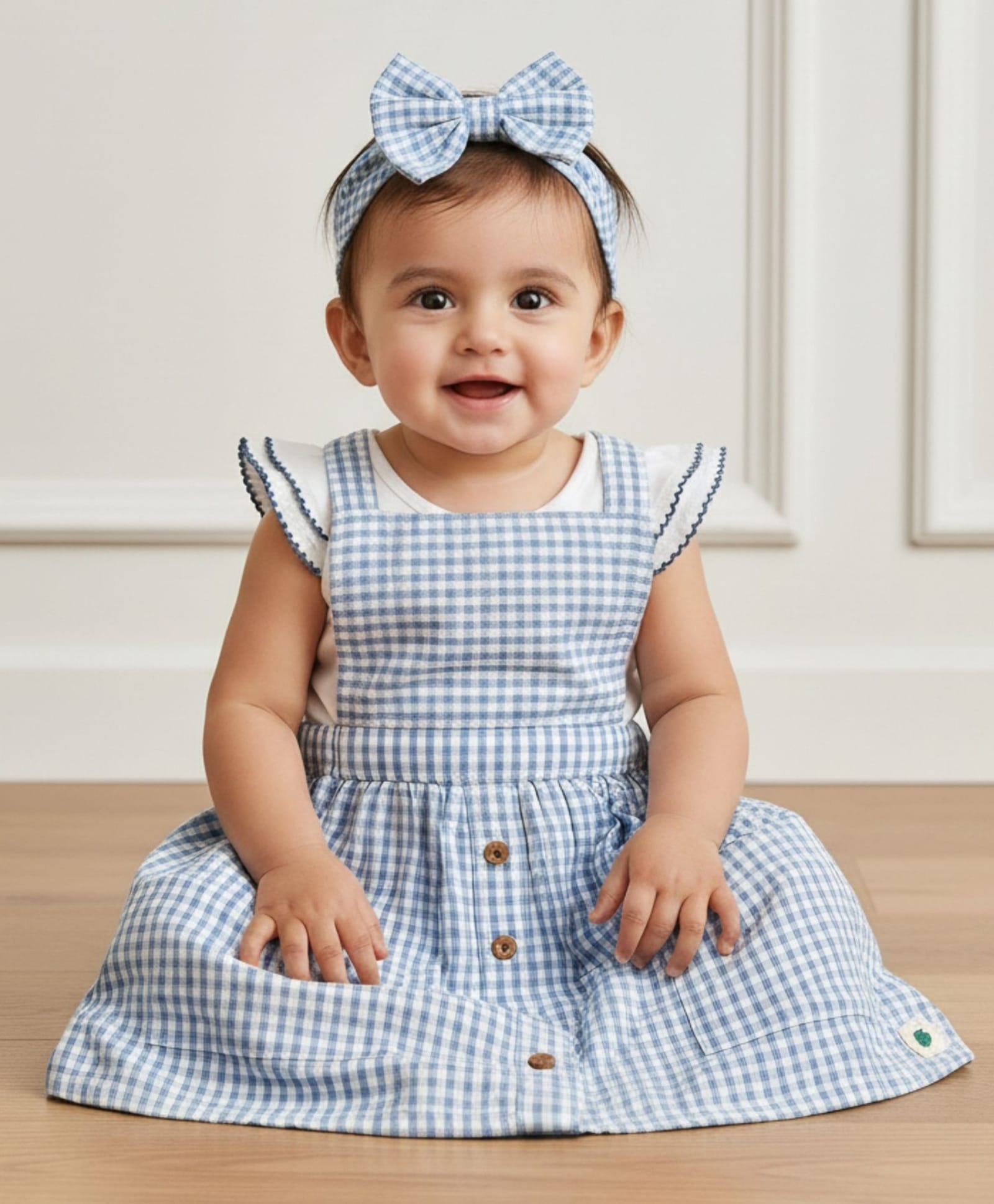 My Milestones 100% Cotton Checked Dungaree With Cap Sleeves Top & Bow Applique Detailed Headband Set - Blue & White-picture-29