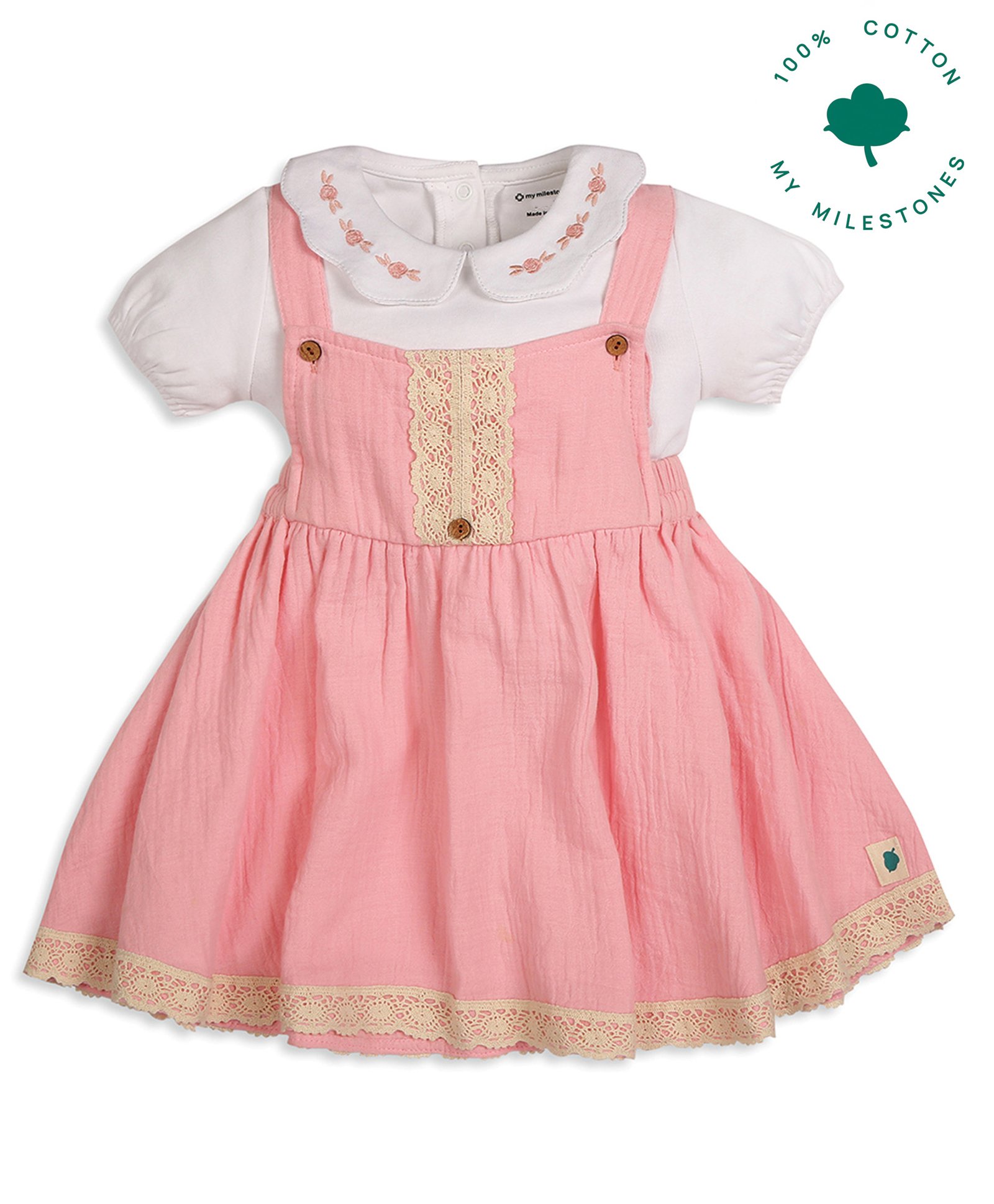 My Milestones 100% Cotton Lace Embellished Dungaree Dress With Half Puffed Sleeves Floral Embroidered Top - White & Pink-picture-28