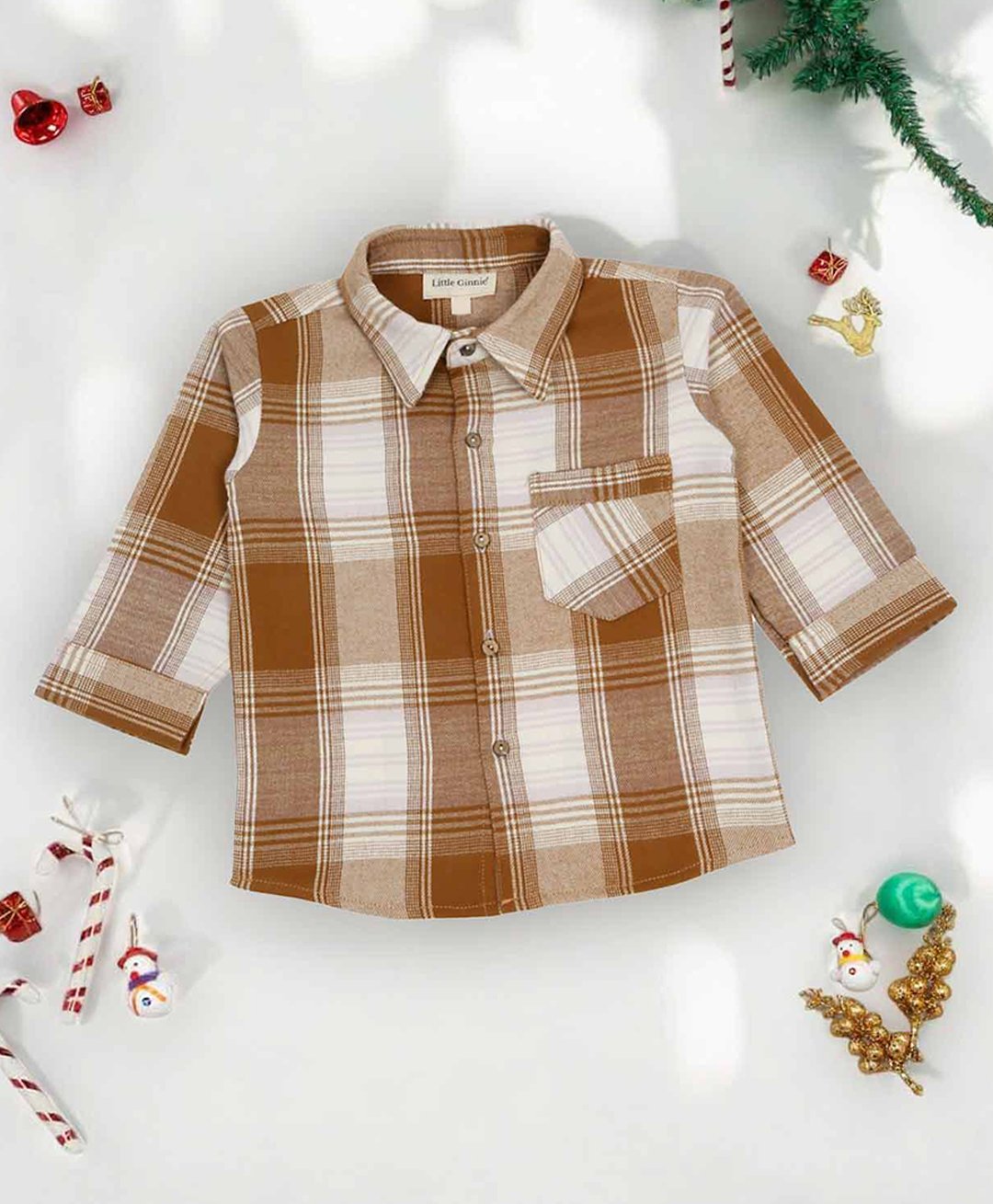 Little Ginnie Cotton Full Sleeves Checked Shirt - White & Brown-picture-38