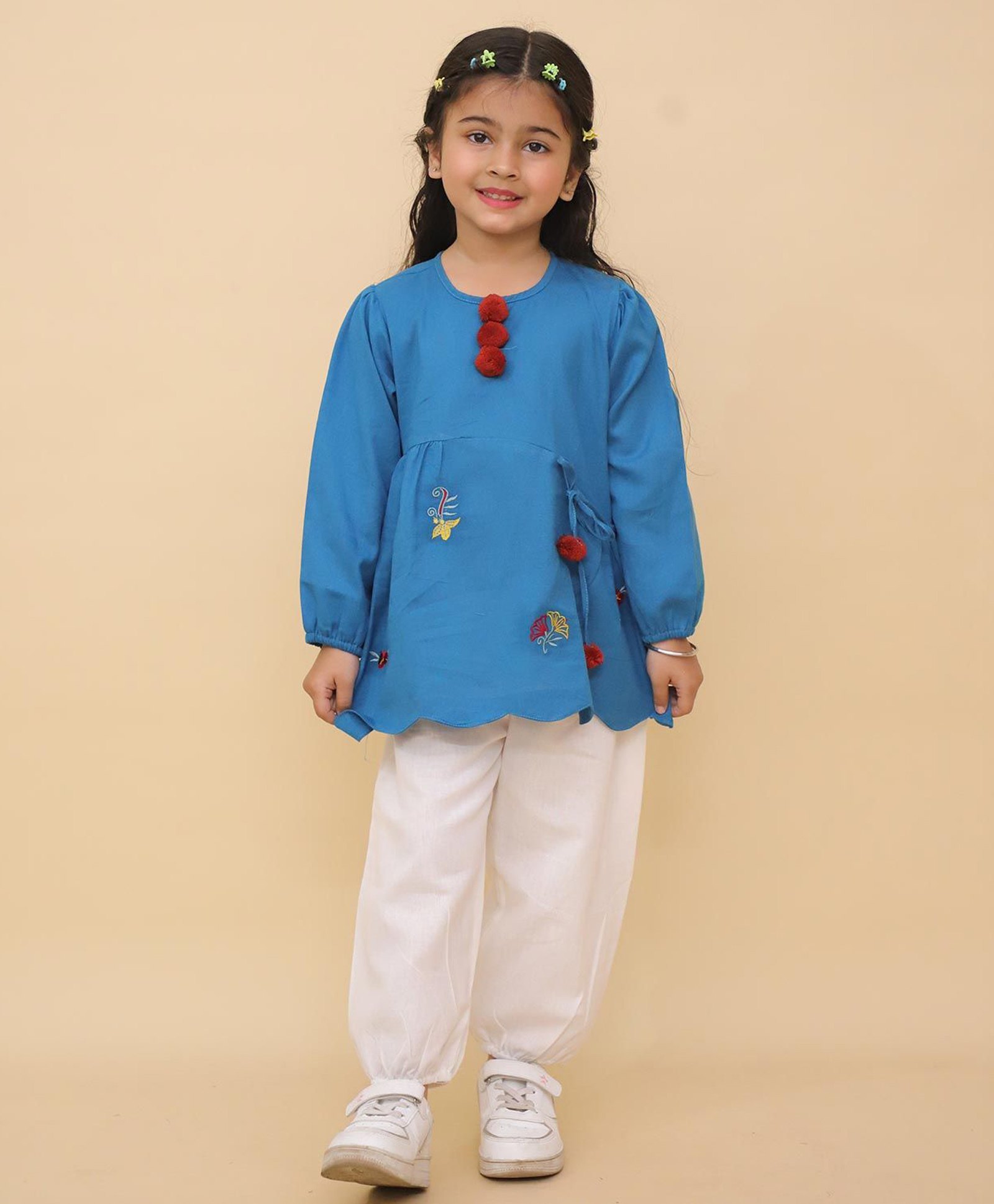 Little Ginnie Cotton Full Sleeves Floral Embroidered Kurta Salwar Set - Blue-picture-15