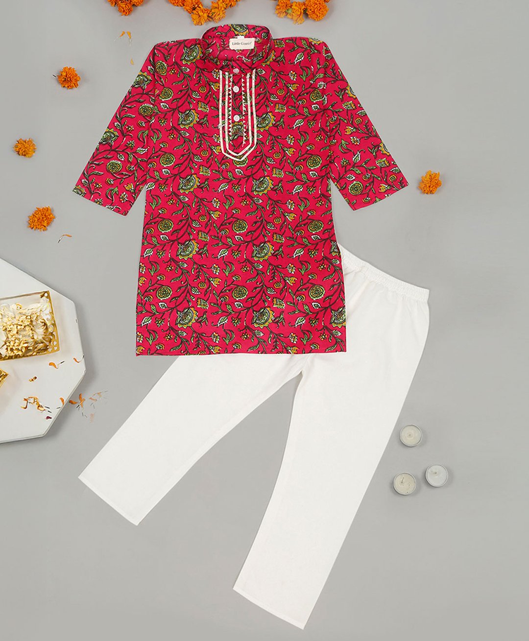 Little Ginnie Cotton Full Sleeves Floral Printed Kurta Pyjama Set - Red-picture-13