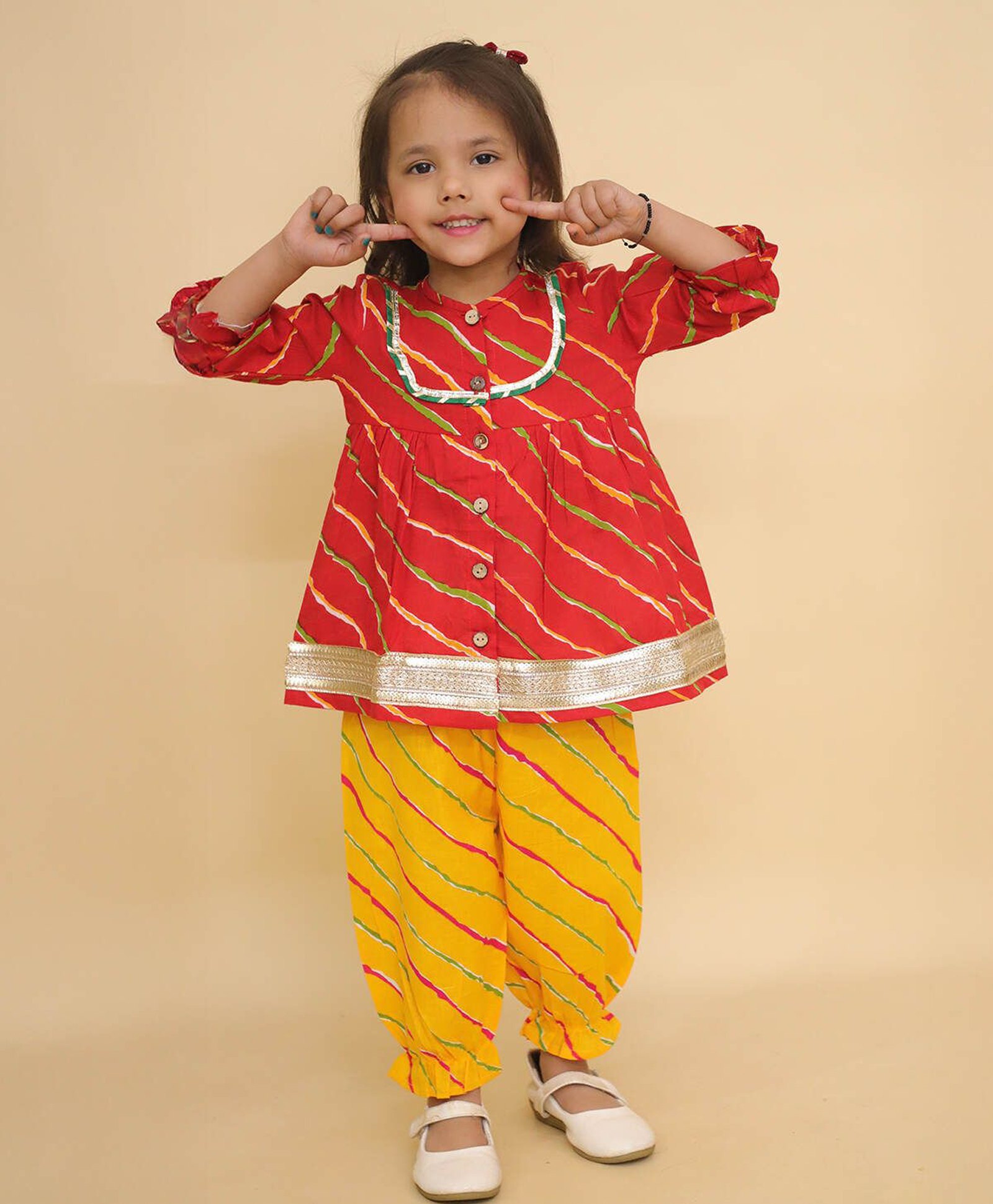 Little Ginnie Cotton Full Sleeves Gota Lace Embellished & Leheriya Printed Kurta Salwar Set - Red & Yellow-picture-33