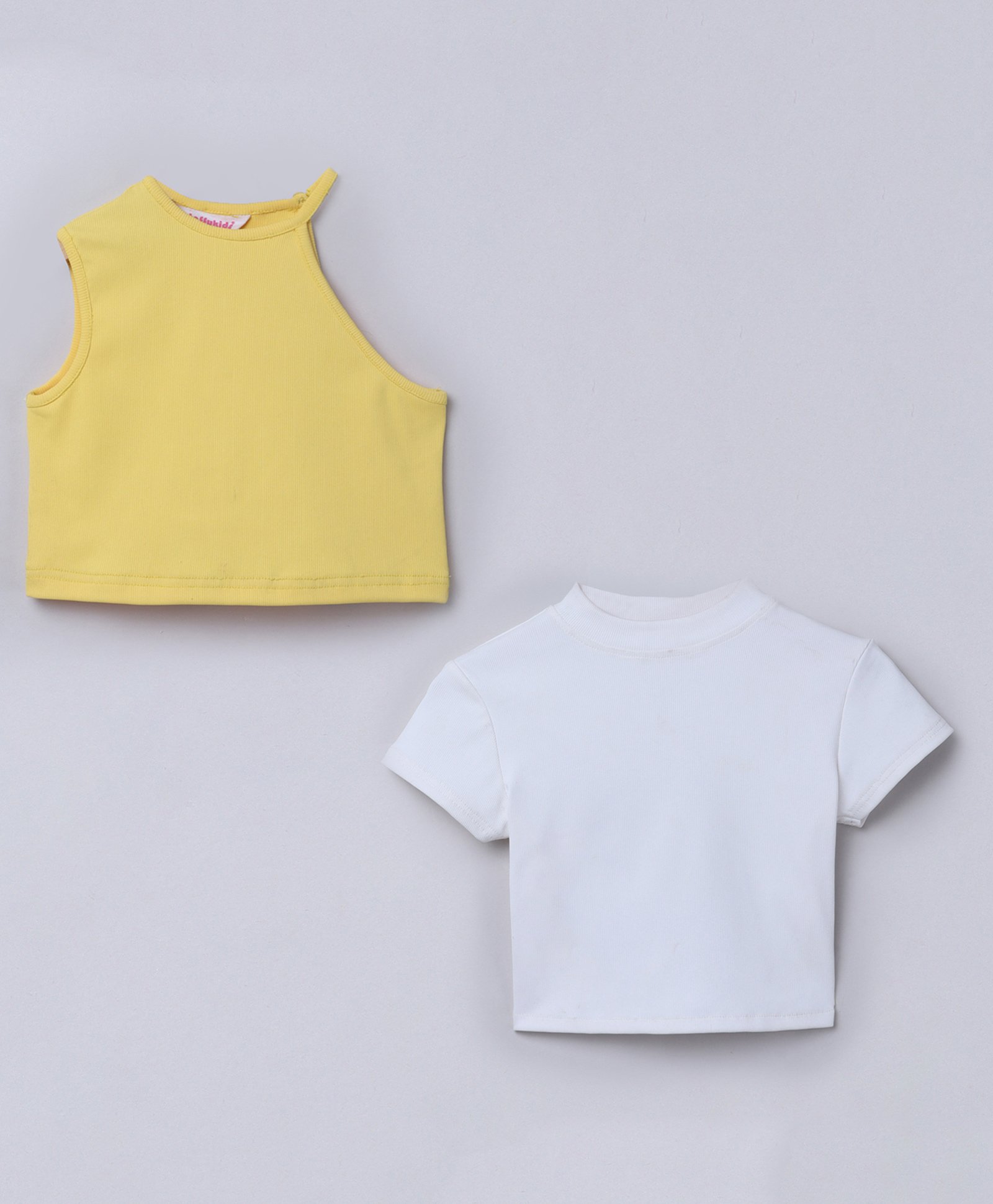 Taffykids Half Sleeves Pack Of 2 Solid Asymmetric Neck & Back Cut Out Detailed Crop Tops - White & Yellow-picture-13