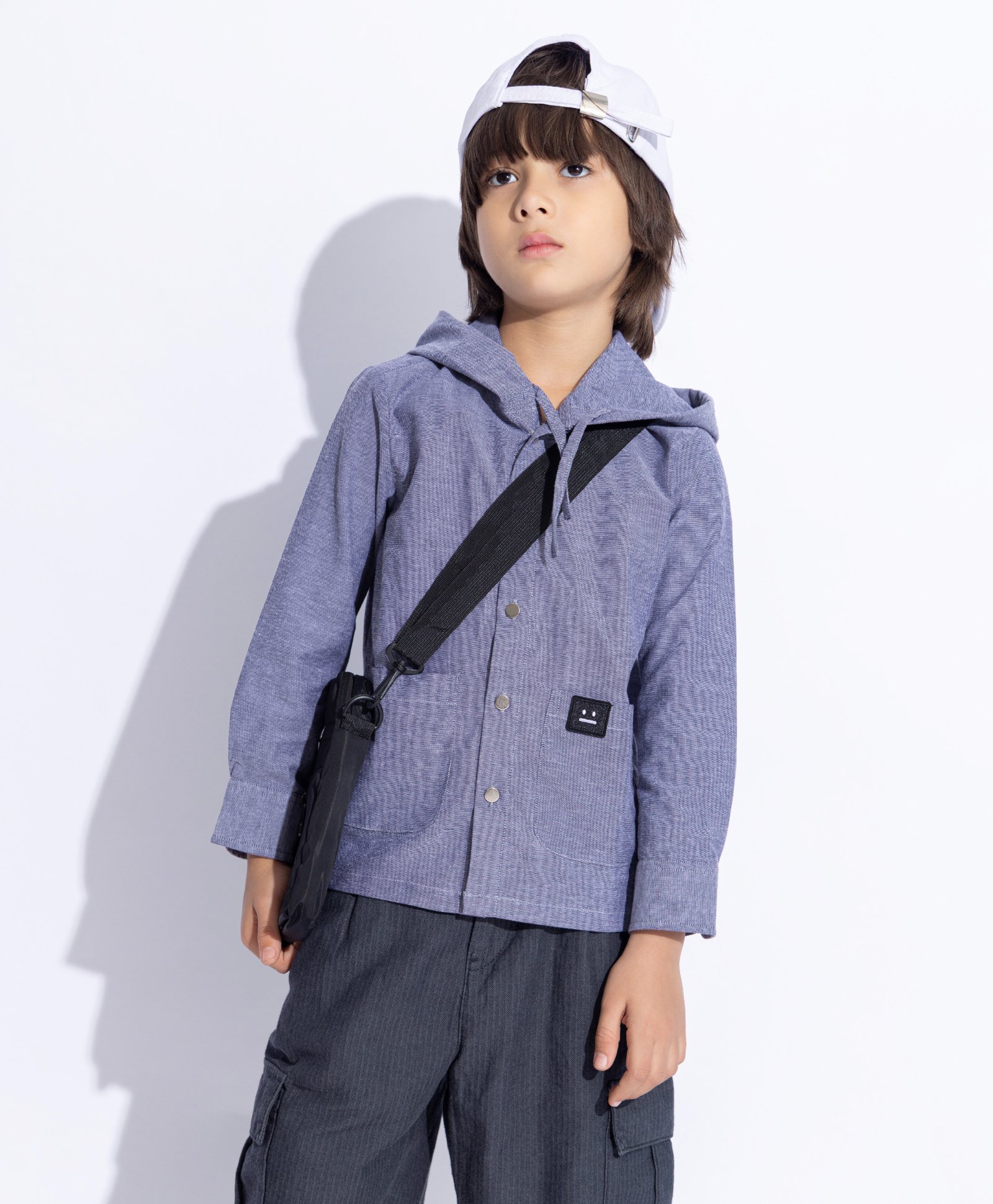 Taffykids 100% Cotton Full Sleeves Emoji Face Patch Detailed Hooded Shirt - Grey & Blue-picture-27