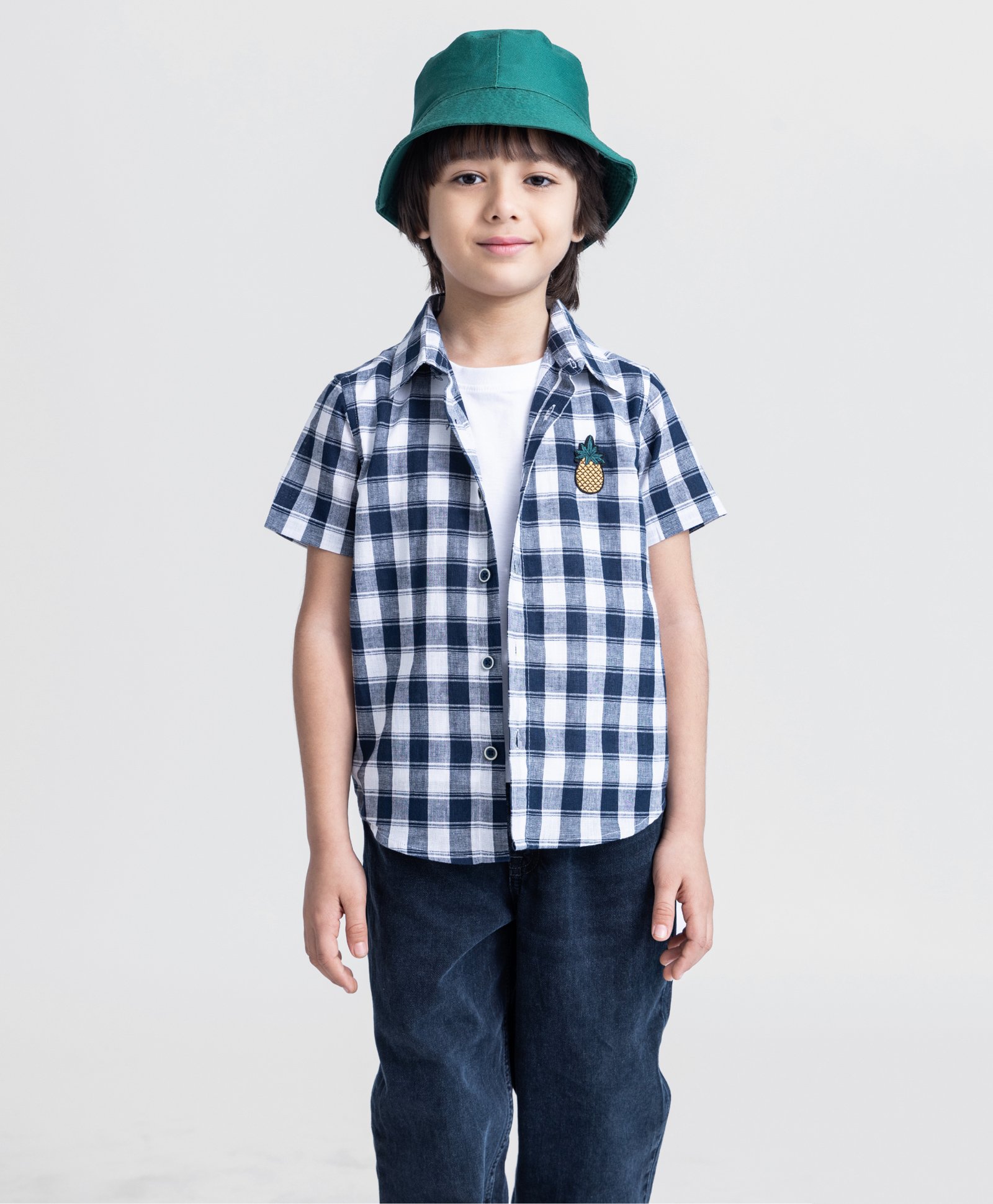 Taffykids 100% Cotton Half Sleeves Checked & Pineapple Embroidered Shirt With Attached Tee - White & Navy Blue-picture-15