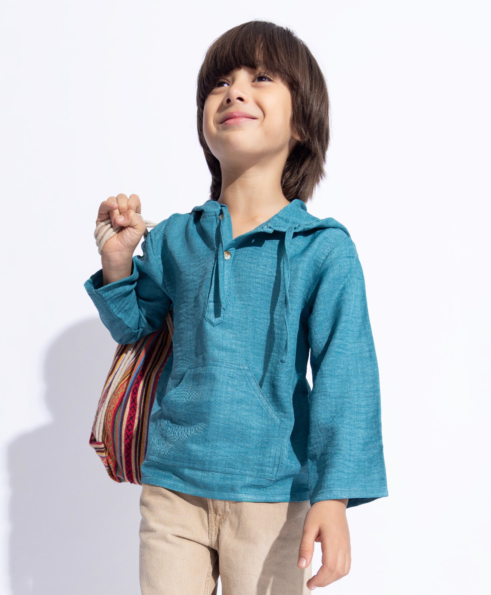 Taffykids Twill Full Sleeves Solid Hooded Shirt - Teal Blue-picture-6