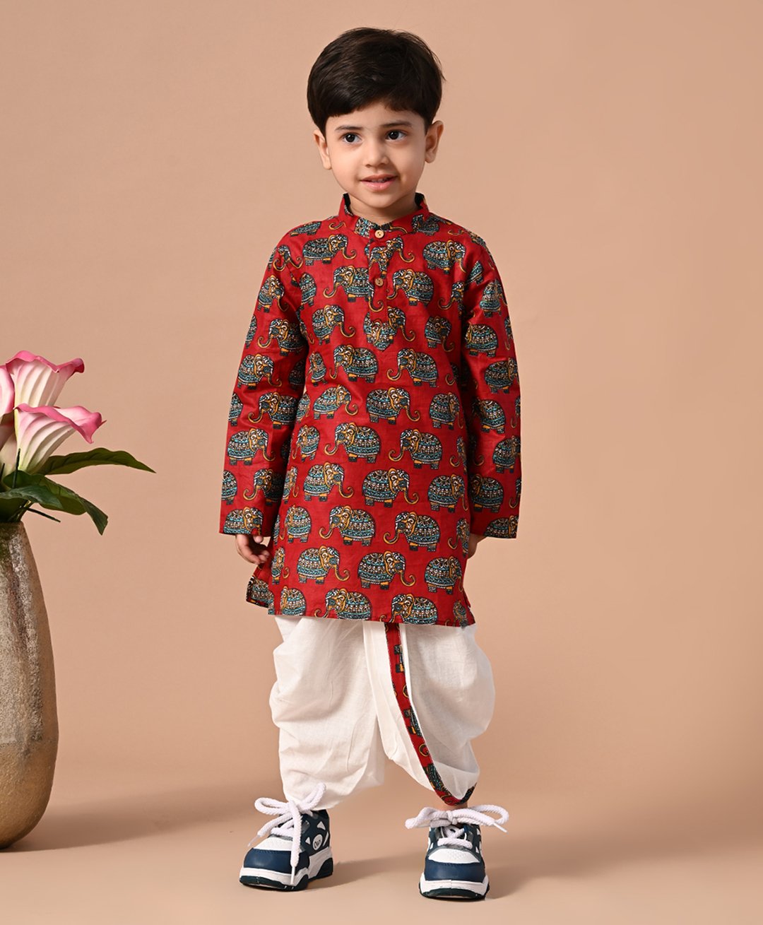 MoMaa Cotton Full Sleeves Elephant Motifs Printed Kurta Dhoti Set - Red & White-picture-30