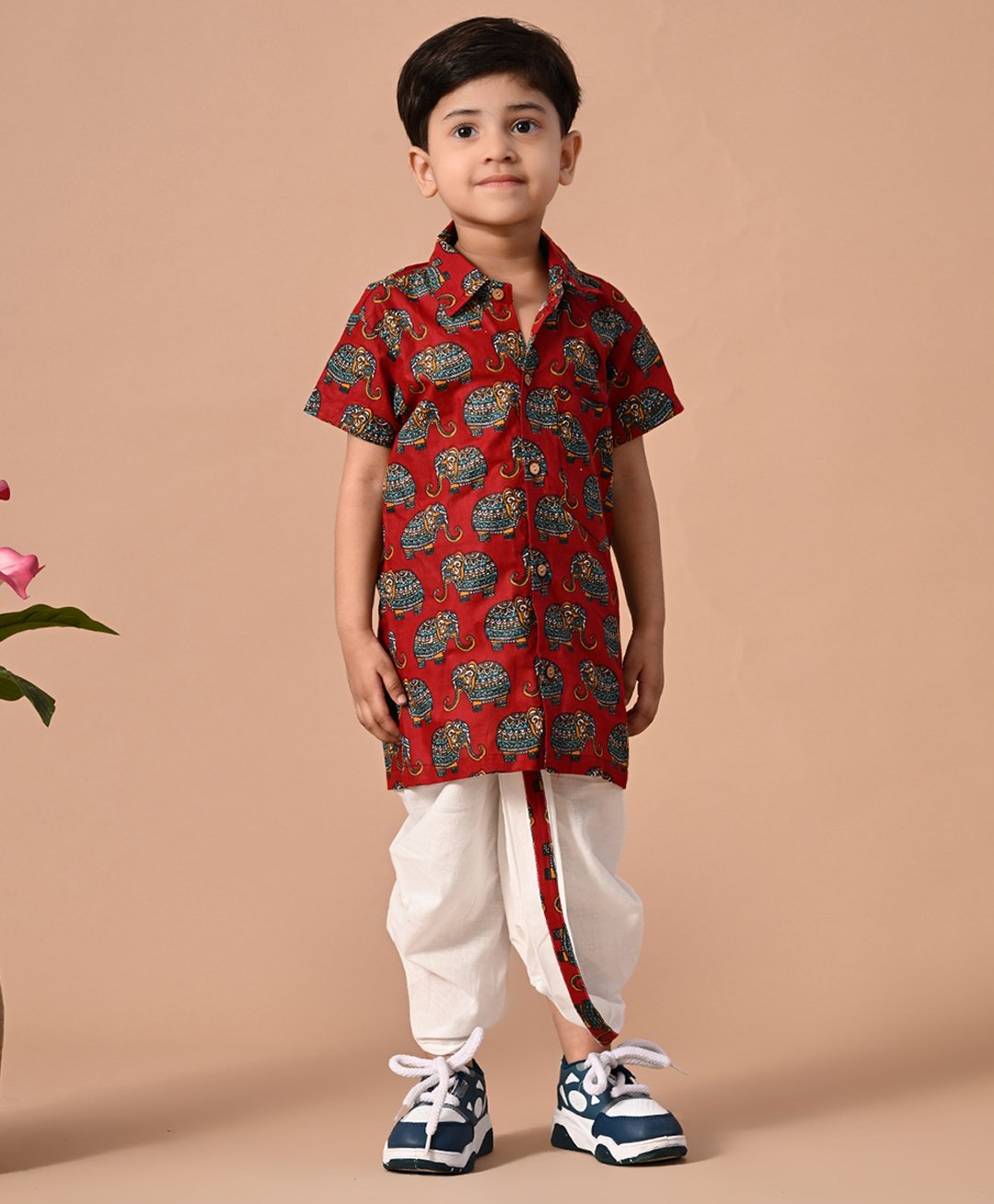 MoMaa Cotton Half Sleeves Elephant Motifs Printed Shirt With Dhoti Set - Red & White-picture-6