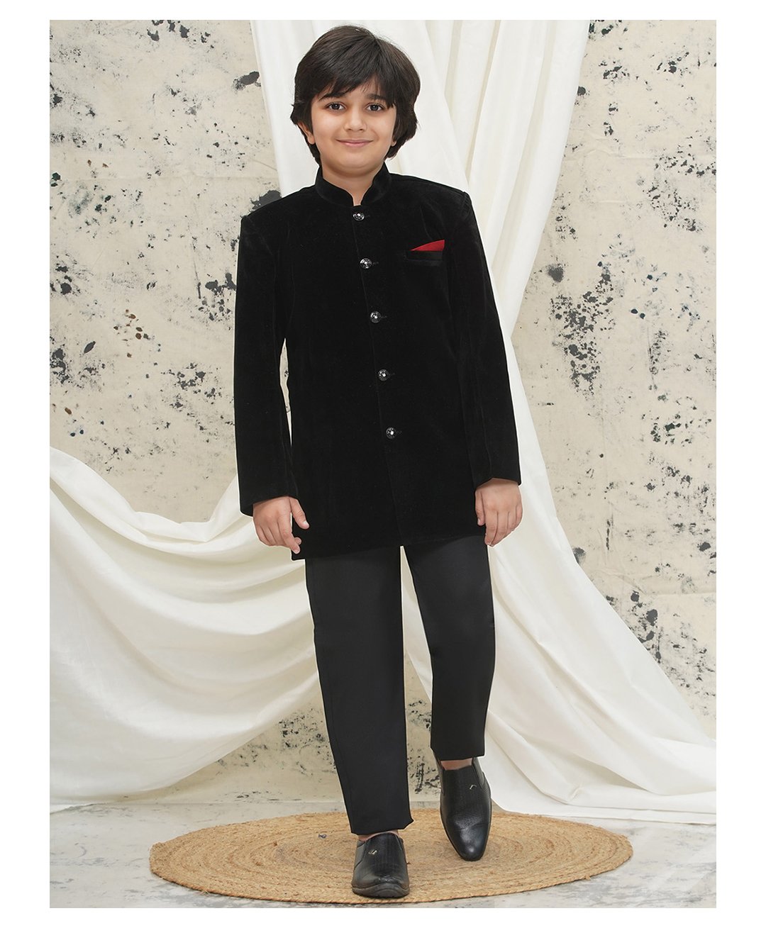 AJ Dezines Velvet Solid Full Sleeves Sherwani & Pant Set - Black-picture-23
