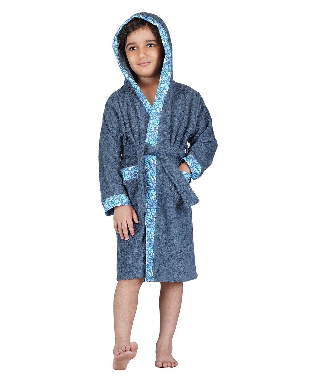 Rangoli Bamboo Full Sleeves Floral Printed Ultra Soft Bath Robe With Attached Adjustable Belt - Dark Blue-picture-27