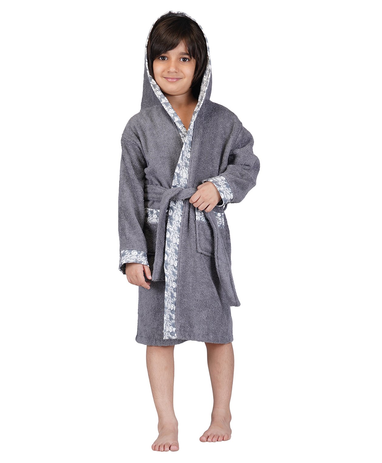 Rangoli Bamboo Full Sleeves Floral Printed Ultra Soft Bath Robe With Attached Adjustable Belt - Dark Grey-picture-18
