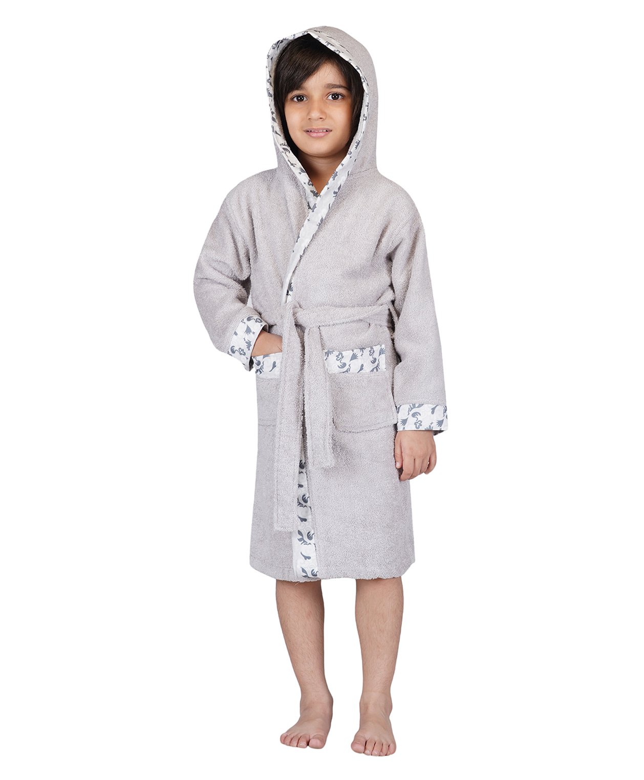 Rangoli Bamboo Full Sleeves Floral Printed Ultra Soft Bath Robe With Attached Adjustable Belt - Light Grey-picture-12