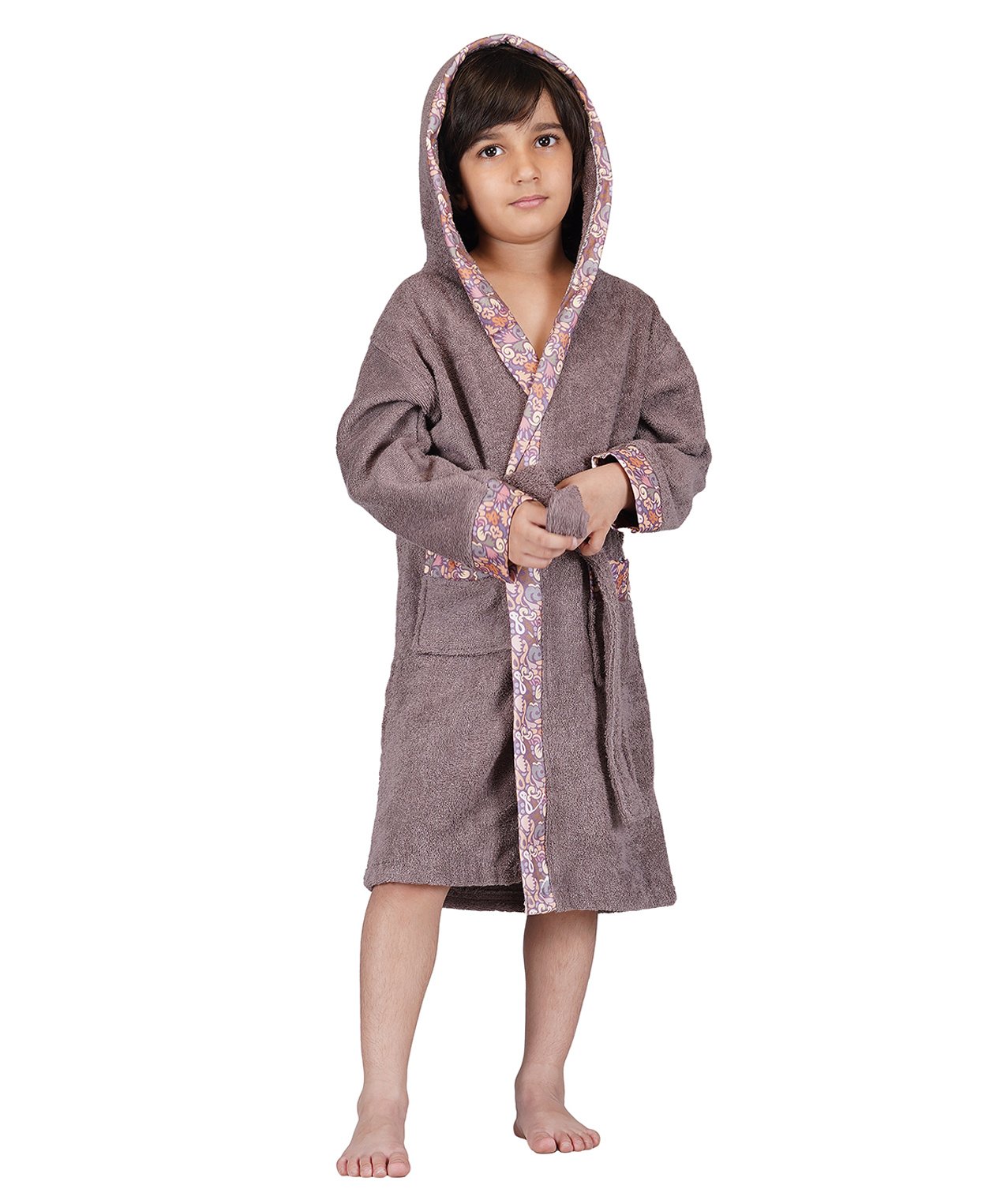 Rangoli Bamboo Full Sleeves Floral Printed Ultra Soft Bath Robe With Attached Adjustable Belt - Ash-picture-23