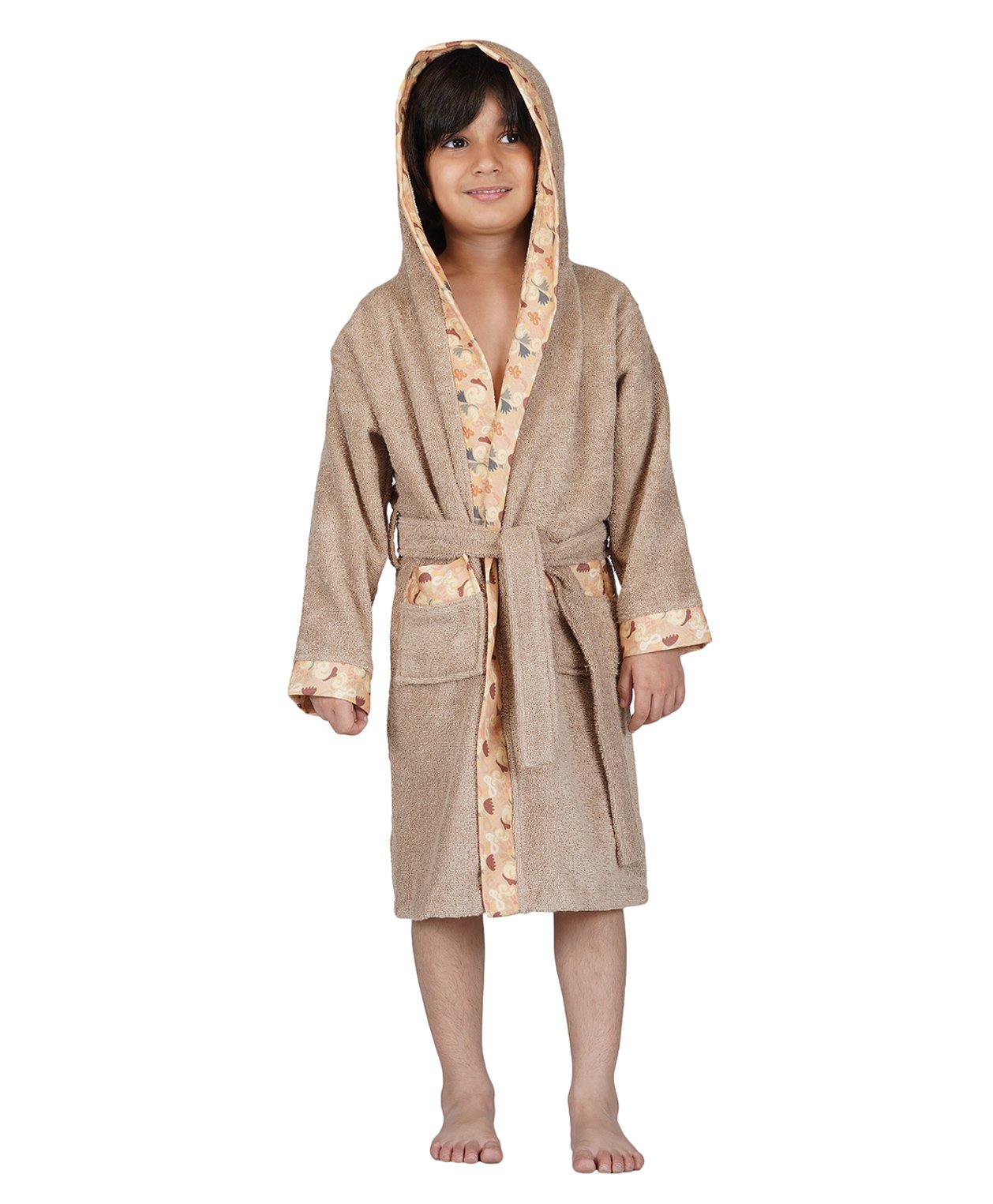 Rangoli Bamboo Full Sleeves Floral Printed Ultra Soft Bath Robe With Attached Adjustable Belt - Beige-picture-16