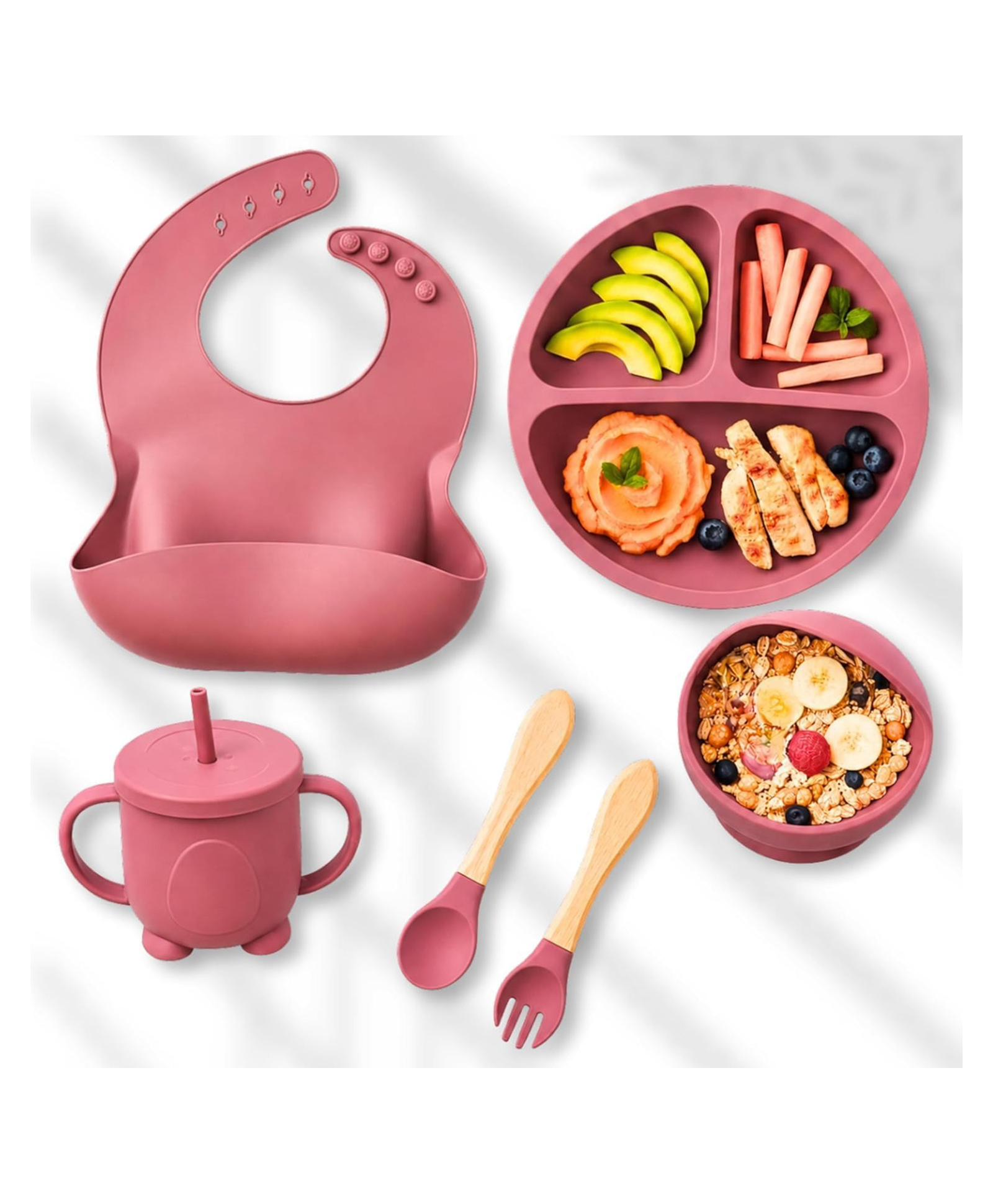 Ortis 6 Pcs Silicone Baby Feeding Set, BPA Free & Microwave Safe Dinner Tableware Kit - Feeding Bowl, Suction Plate, Cup, Spoon, Fork & Bib for Kids (Dusty Pink) (Color & design may vary)-image-28
