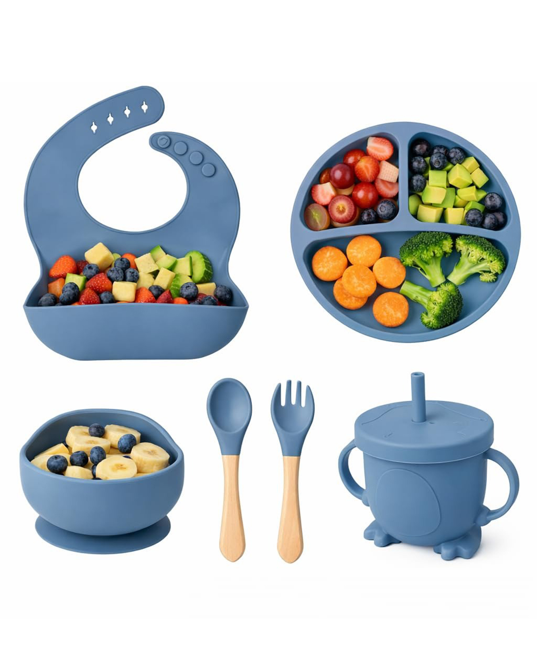 Ortis 6 Pcs Silicone Baby Feeding Set, BPA Free & Microwave Safe Dinner Tableware Kit - Feeding Bowl, Suction Plate, Cup, Spoon, Fork & Bib for Kids (blue) (Color & design may vary)-image-45
