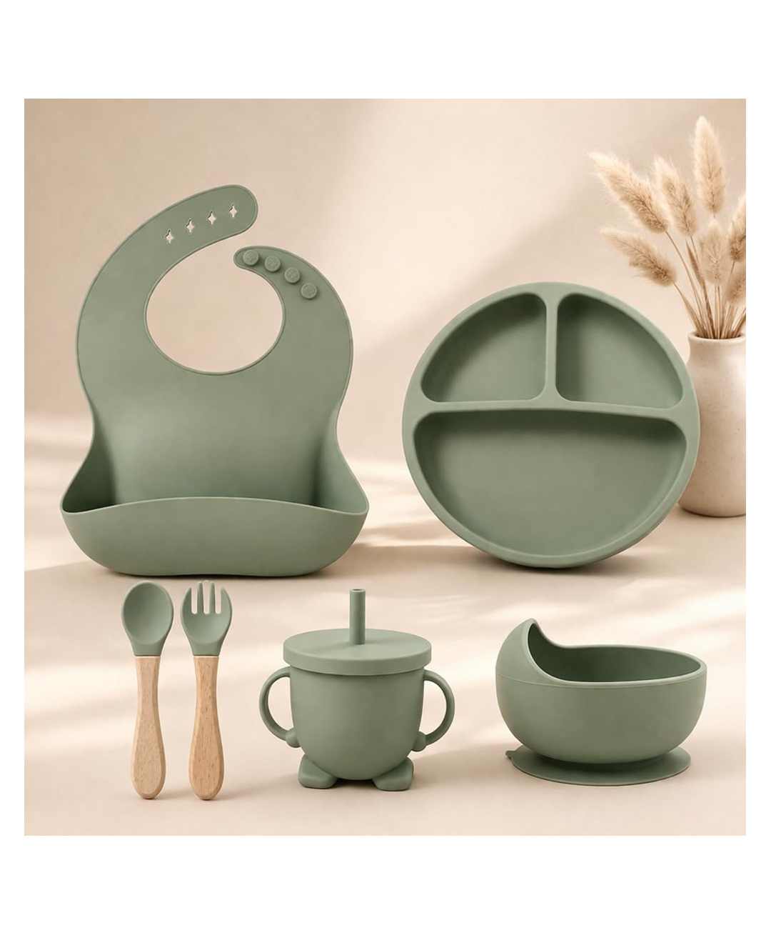Ortis 6 Pcs Silicone Baby Feeding Set, BPA Free & Microwave Safe Dinner Tableware Kit - Feeding Bowl, Suction Plate, Cup, Spoon, Fork & Bib for Kids (green) (Color & design may vary)-image-24