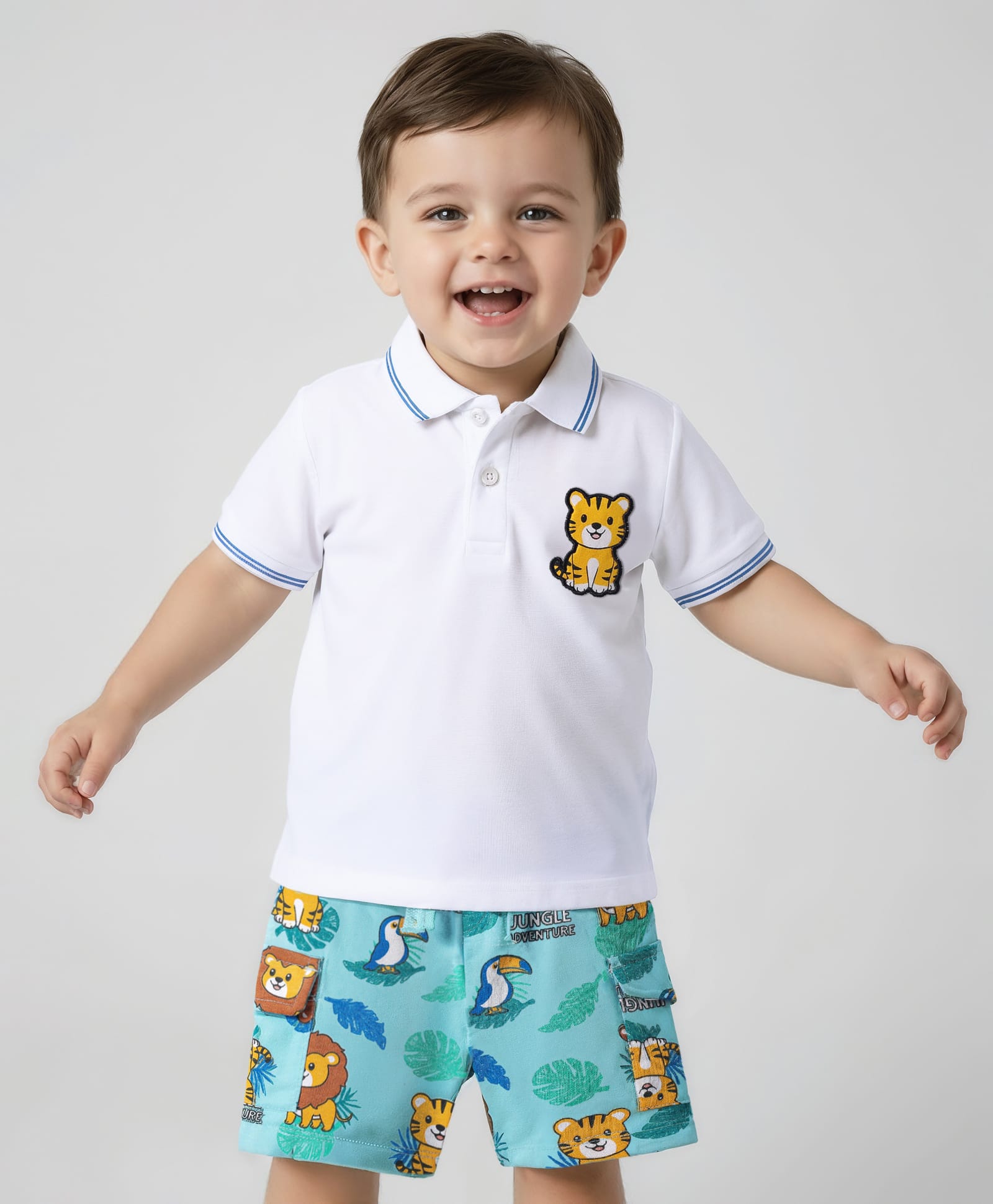 Babyhug Single Jersey Knit Half Sleeves Polo T-Shirt & Shorts Set with Jungle Theme Print & Patch Detailing - Light Blue & White-image-15