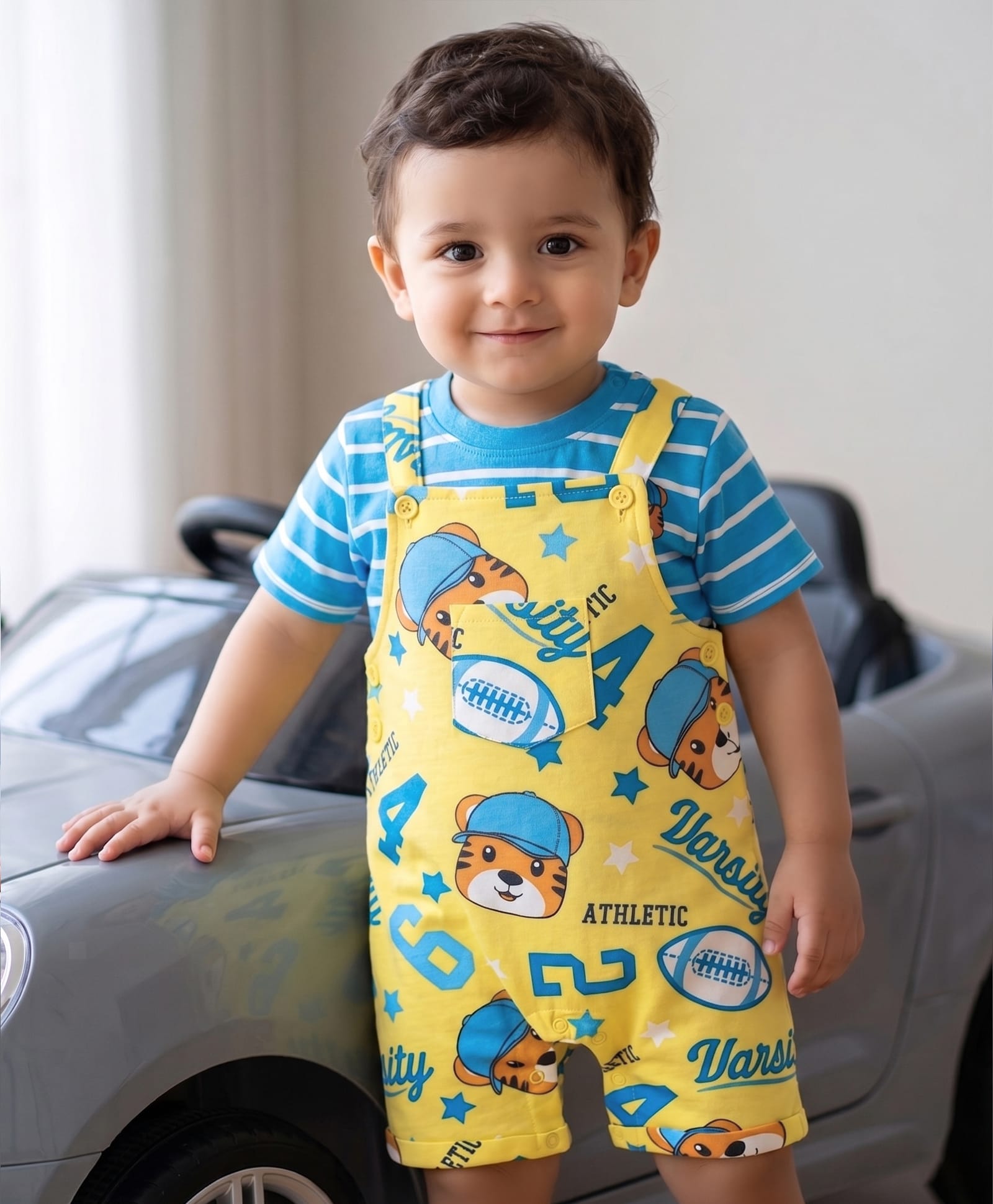 Babyhug Single Jersey Knit Dungaree & Half Sleeves T-Shirt With Animal Print - Yellow & Blue-picture-24
