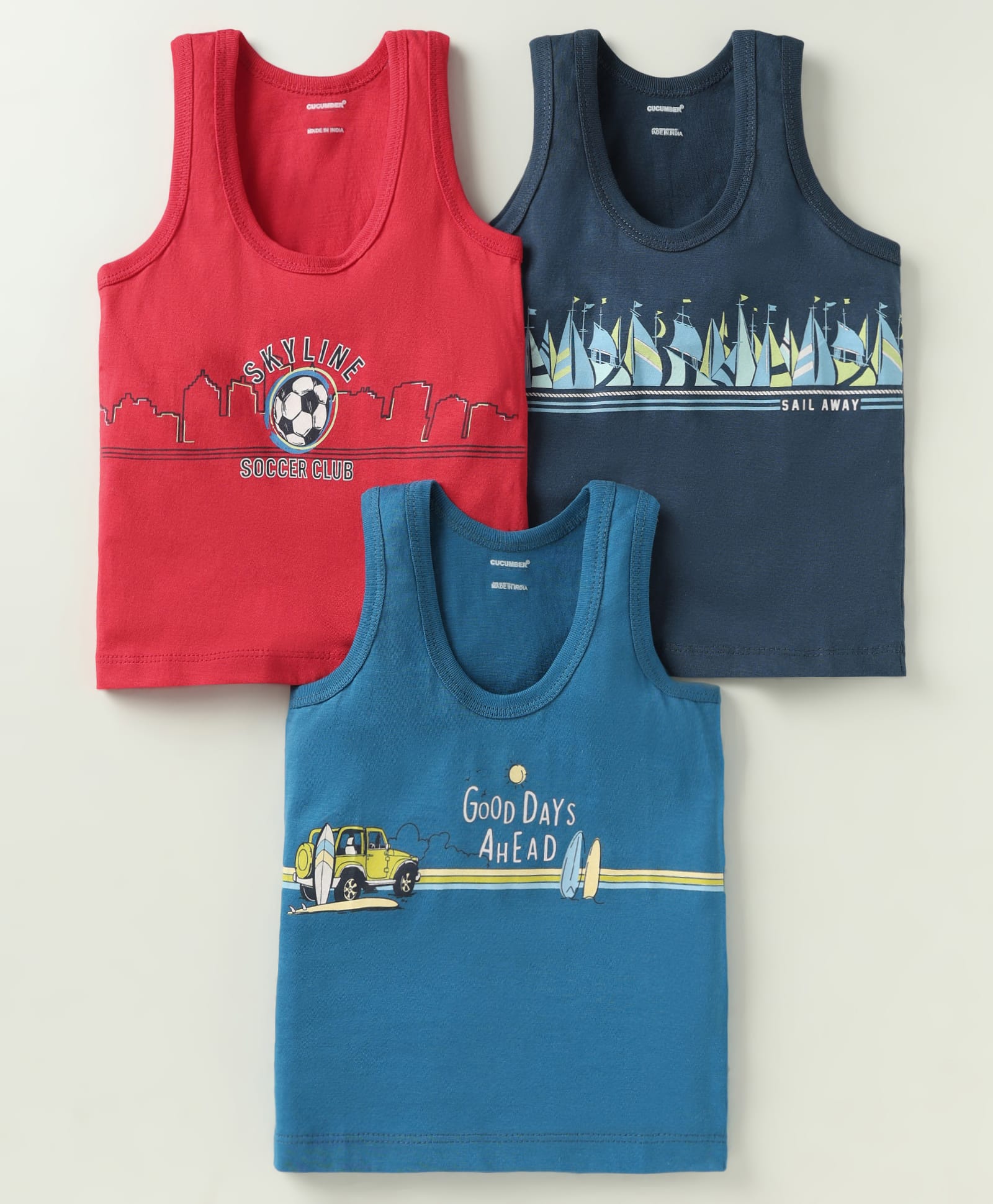 CUCUMBER Sinker Knit Sleeveless Nautical & Sports Theme Printed Vests Pack Of 3 - Navy Blue Red & Teal Blue-image-42